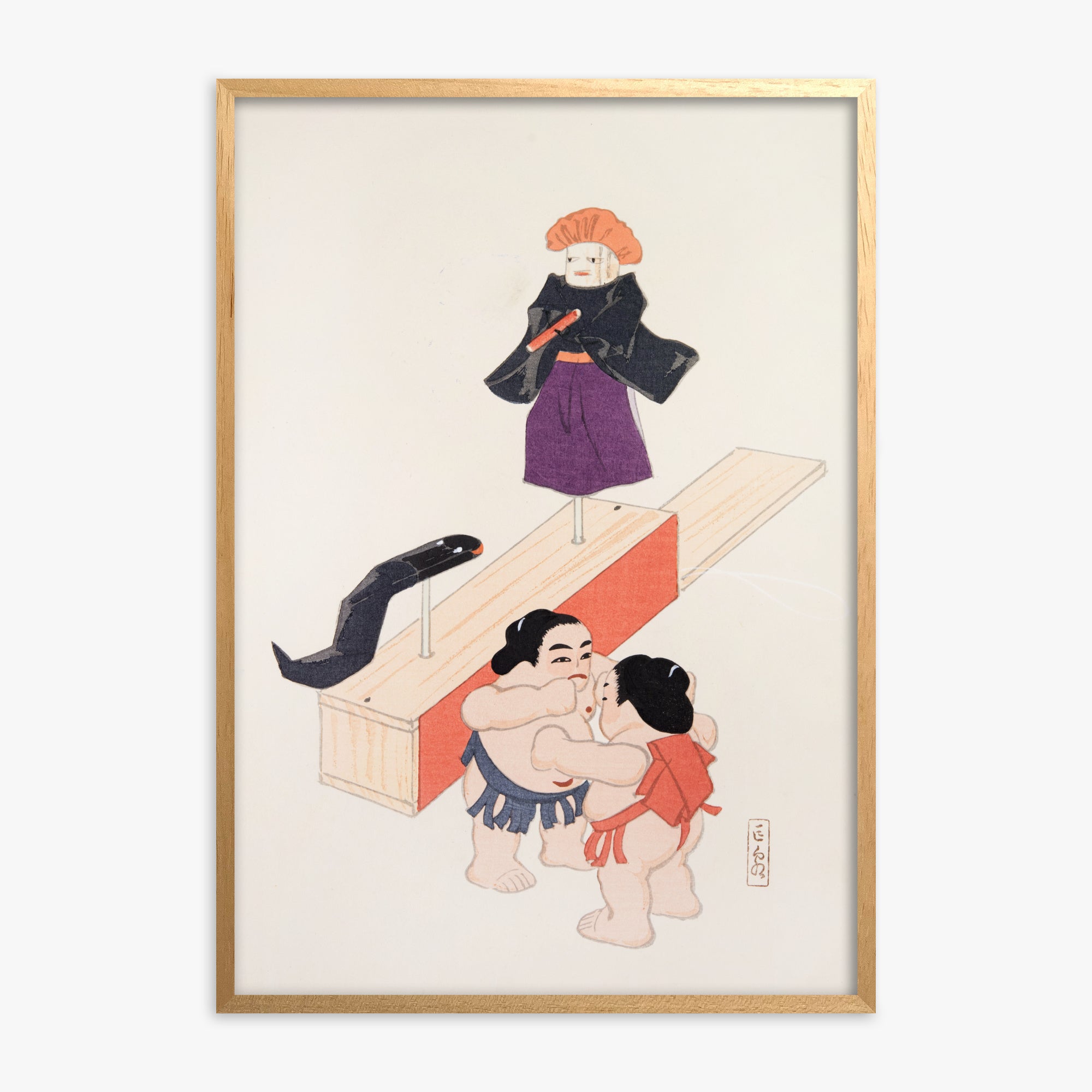 Kawasaki Kyosen: Kyosen’s Collected Illustrations of Japanese Toys Nr. 61 ("Traditional Japanese Doll Scene"), Oak Framed Art Reproduction With Oak Frame