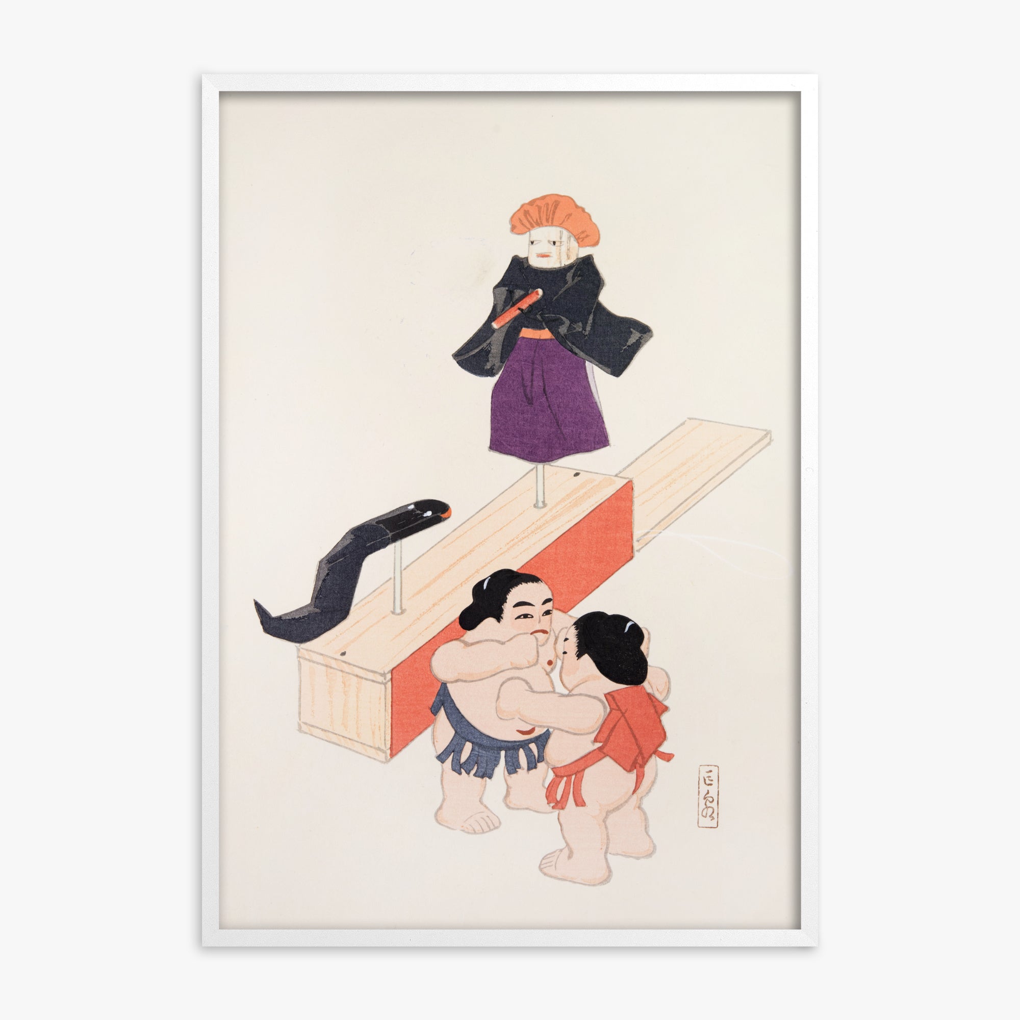 Kawasaki Kyosen: Kyosen’s Collected Illustrations of Japanese Toys Nr. 61 ("Traditional Japanese Doll Scene"), White Framed Art Reproduction With White Frame