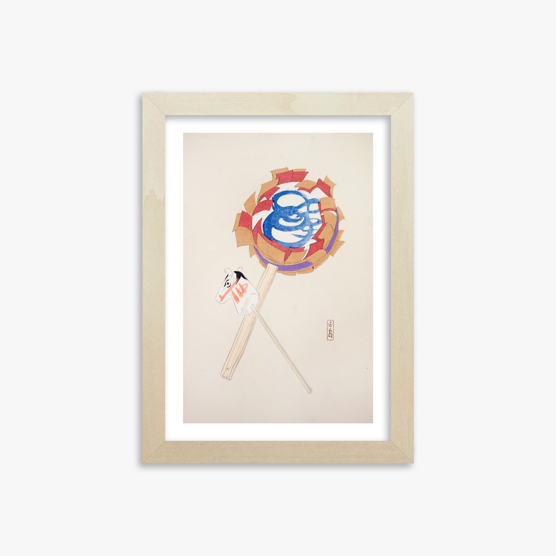 Kawasaki Kyosen: Kyosen’s Collected Illustrations of Japanese Toys Nr. 62 ("Spiraling Horse Pinwheel"), 21x30cm Framed Art Reproduction With Lime Wood Frame