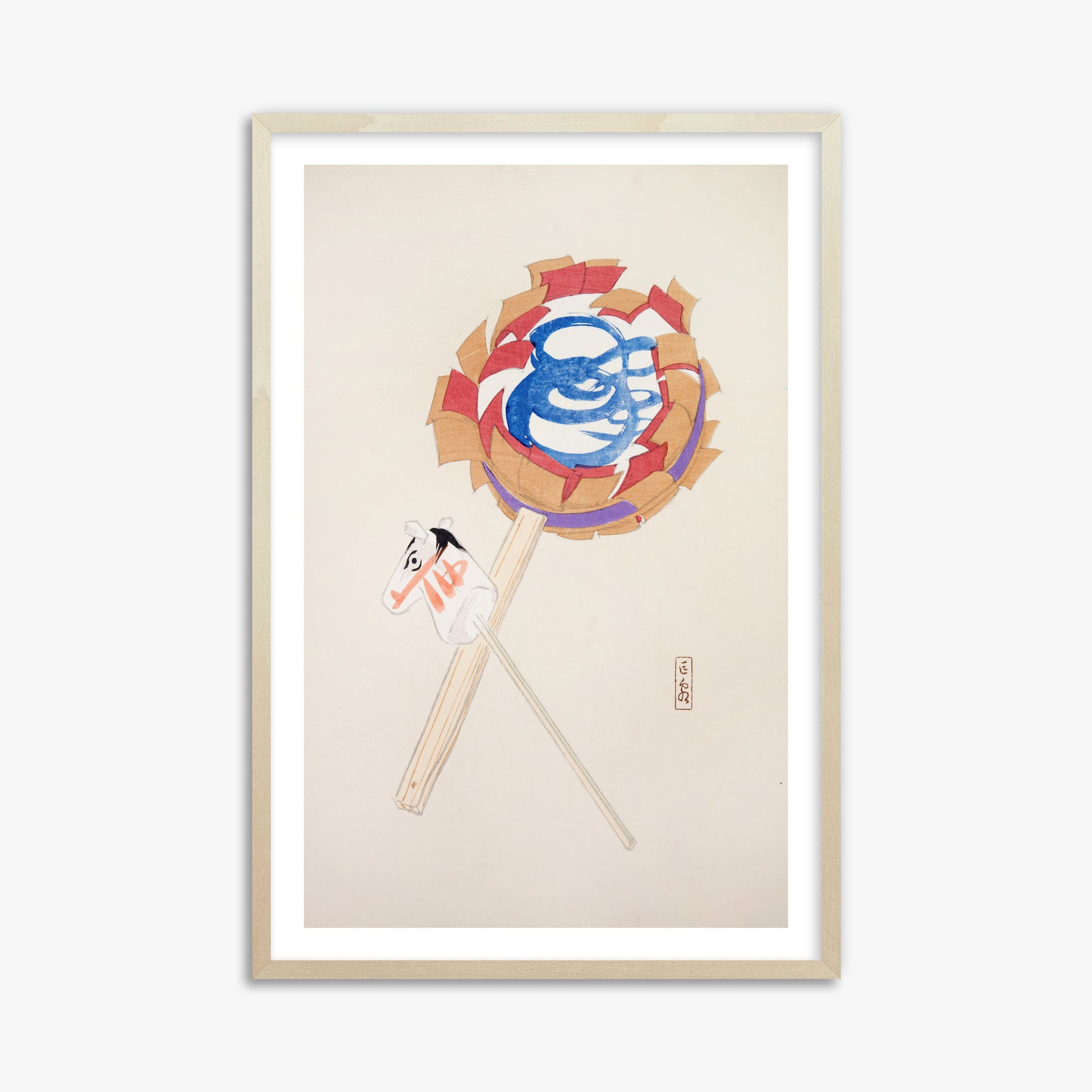 Kawasaki Kyosen: Kyosen’s Collected Illustrations of Japanese Toys Nr. 62 ("Spiraling Horse Pinwheel"), 61x91cm Framed Art Reproduction With Lime Wood Frame