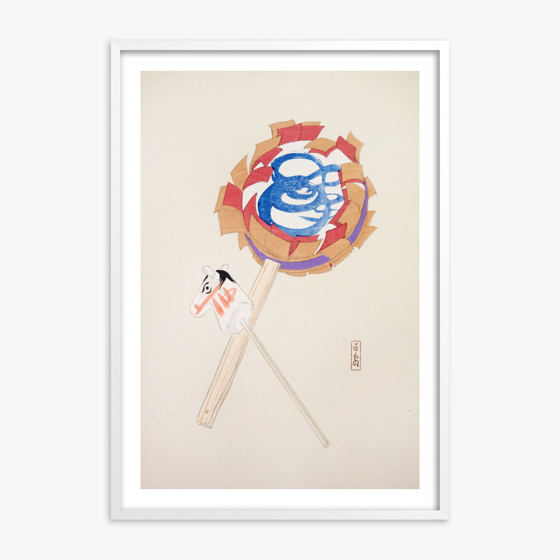 Kawasaki Kyosen: Kyosen’s Collected Illustrations of Japanese Toys Nr. 62 ("Spiraling Horse Pinwheel"), 70x100cm Framed Art Reproduction With White Frame