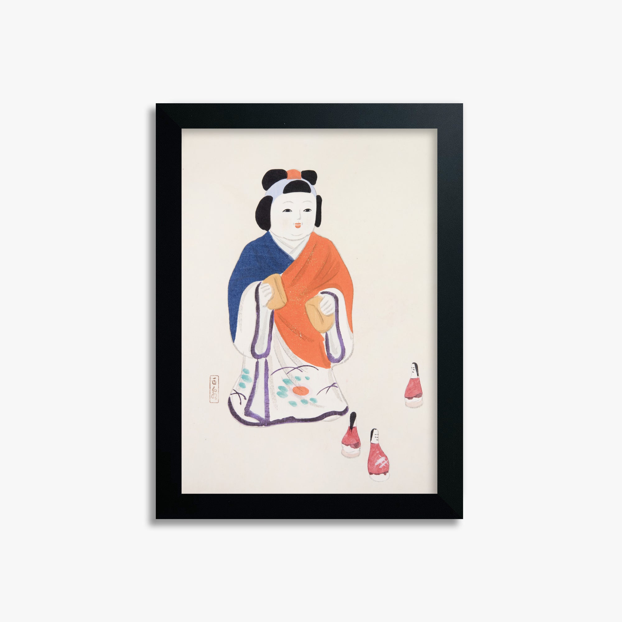 Kawasaki Kyosen: Kyosen’s Collected Illustrations of Japanese Toys Nr. 63 ("Serene Heritage Doll"), 21x30cm Framed Art Reproduction With Black Frame