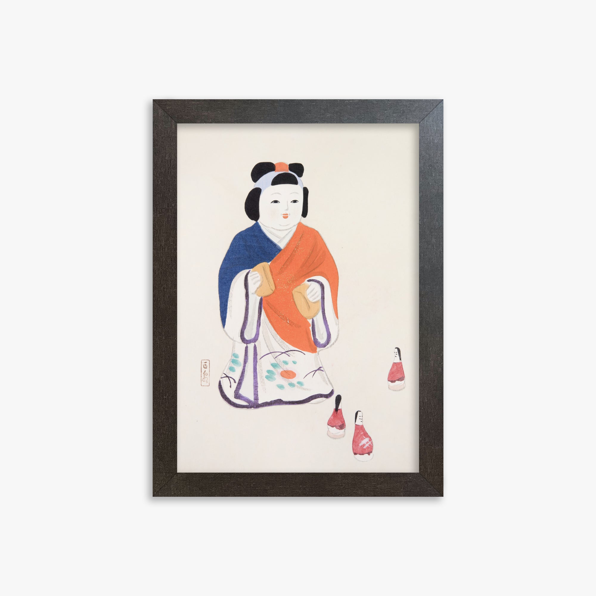Kawasaki Kyosen: Kyosen’s Collected Illustrations of Japanese Toys Nr. 63 ("Serene Heritage Doll"), 21x30cm Framed Art Reproduction With Espresso Frame