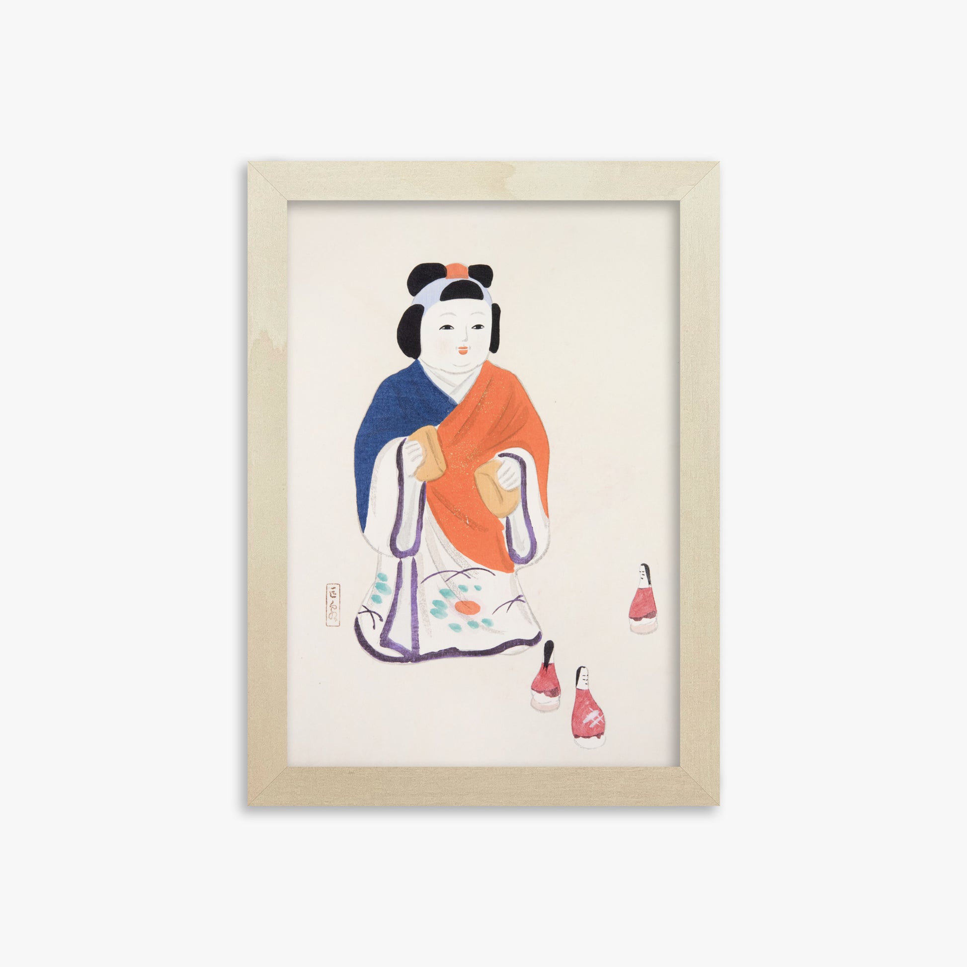 Kawasaki Kyosen: Kyosen’s Collected Illustrations of Japanese Toys Nr. 63 ("Serene Heritage Doll"), 21x30cm Framed Art Reproduction With Lime Wood Frame