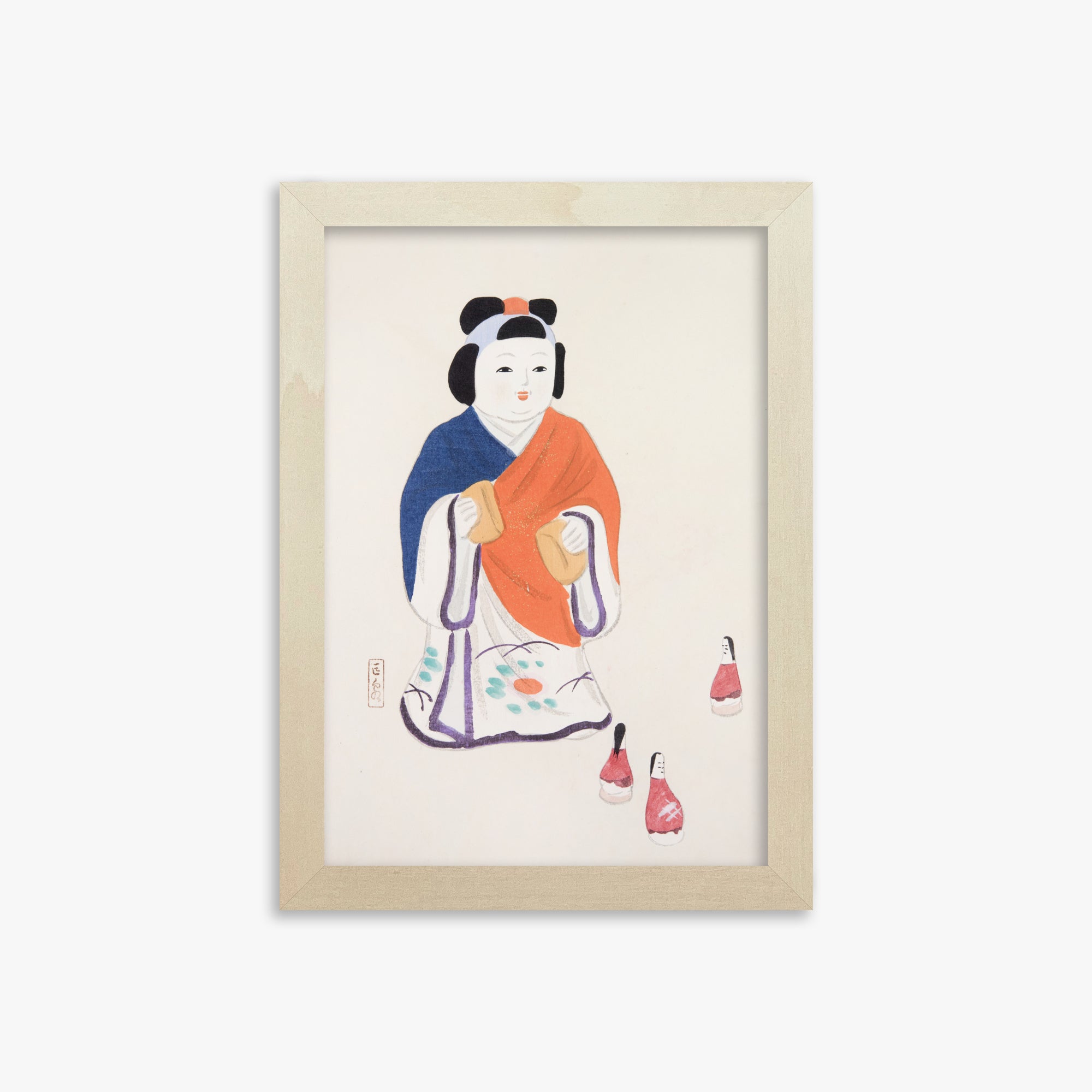 Kawasaki Kyosen: Kyosen’s Collected Illustrations of Japanese Toys Nr. 63 ("Serene Heritage Doll"), 21x30cm Framed Art Reproduction With Lime Wood Frame