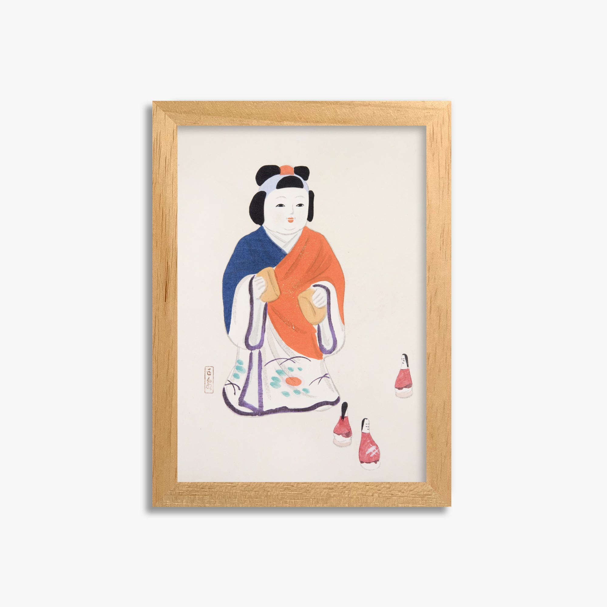 Kawasaki Kyosen: Kyosen’s Collected Illustrations of Japanese Toys Nr. 63 ("Serene Heritage Doll"), 21x30cm Framed Art Reproduction With Oak Frame