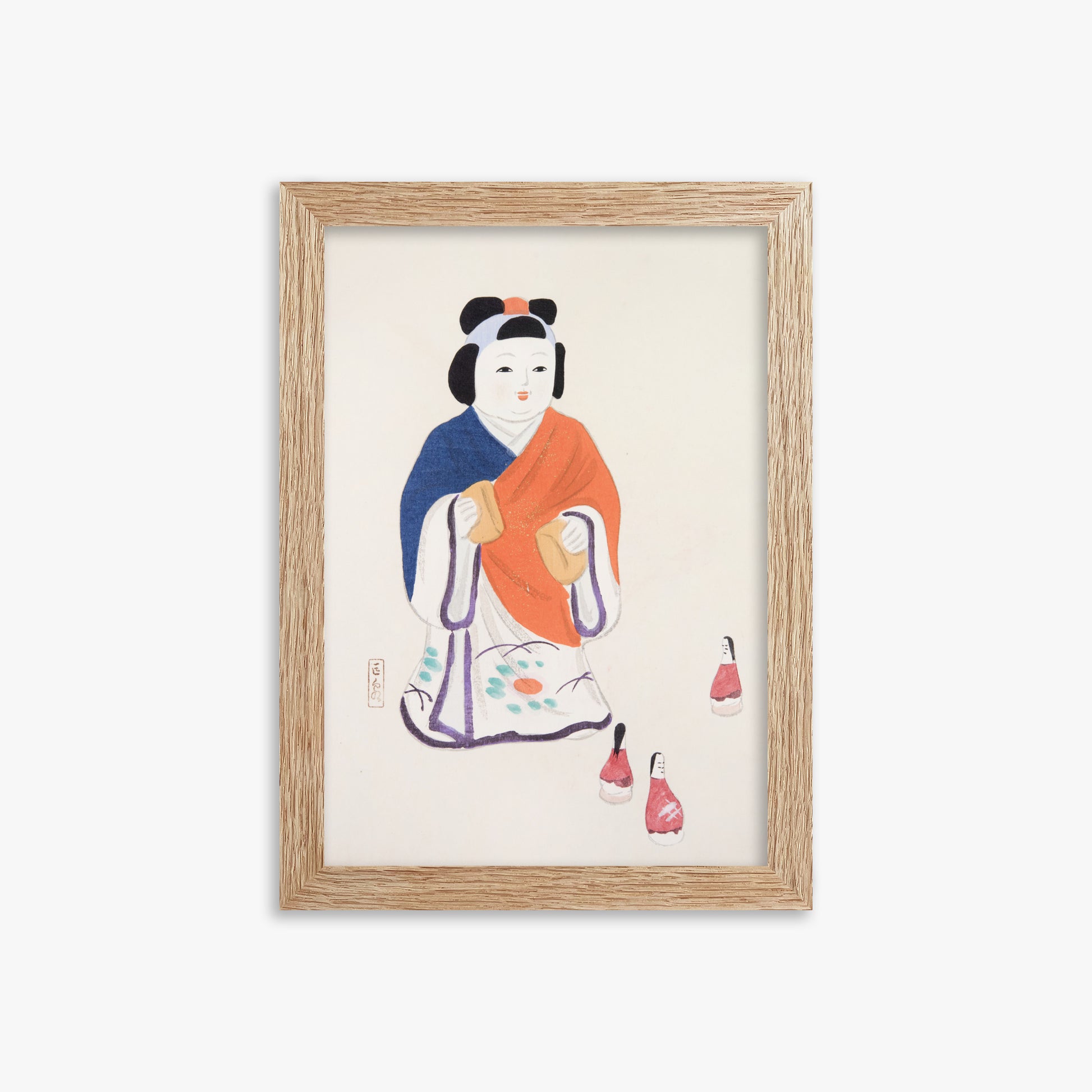 Kawasaki Kyosen: Kyosen’s Collected Illustrations of Japanese Toys Nr. 63 ("Serene Heritage Doll"), 21x30cm Framed Art Reproduction With Raw Oak Frame