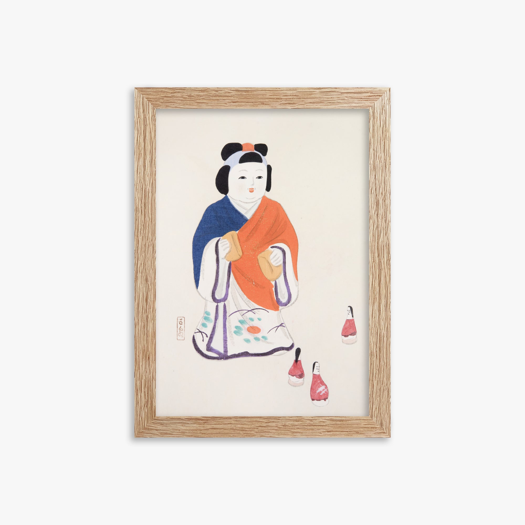 Kawasaki Kyosen: Kyosen’s Collected Illustrations of Japanese Toys Nr. 63 ("Serene Heritage Doll"), 21x30cm Framed Art Reproduction With Raw Oak Frame