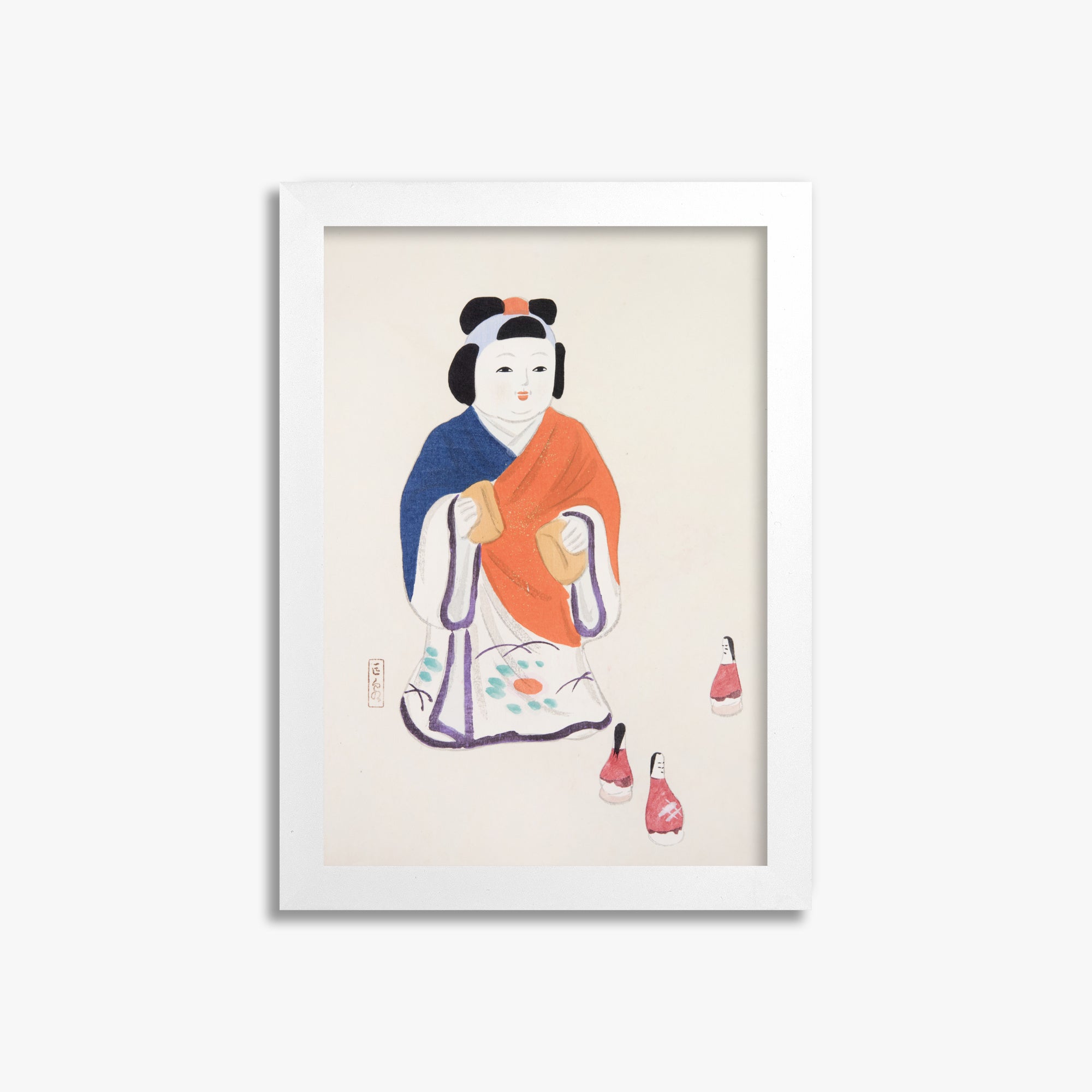 Kawasaki Kyosen: Kyosen’s Collected Illustrations of Japanese Toys Nr. 63 ("Serene Heritage Doll"), 21x30cm Framed Art Reproduction With White Frame