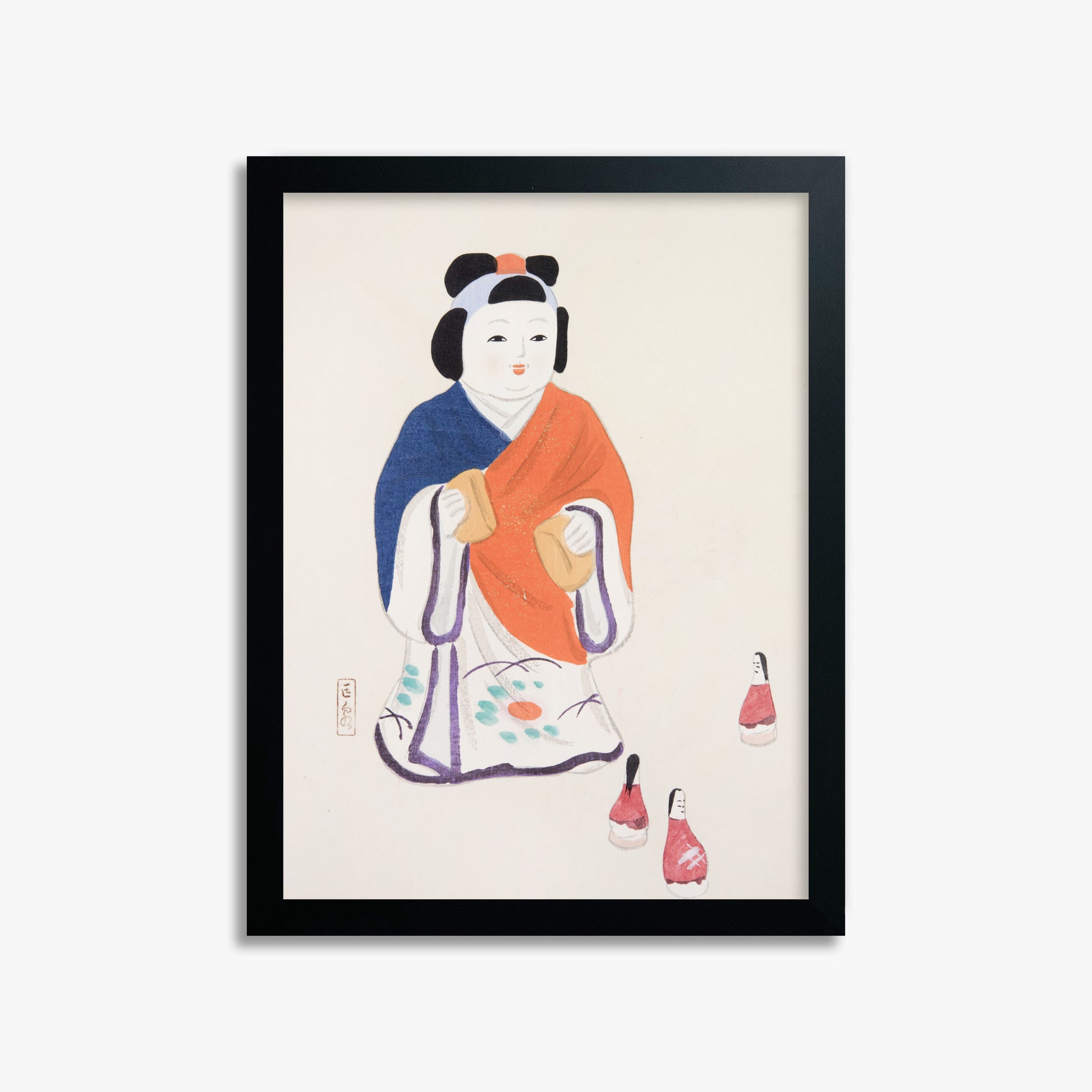 Kawasaki Kyosen: Kyosen’s Collected Illustrations of Japanese Toys Nr. 63 ("Serene Heritage Doll"), 30x40cm Framed Art Reproduction With Black Frame