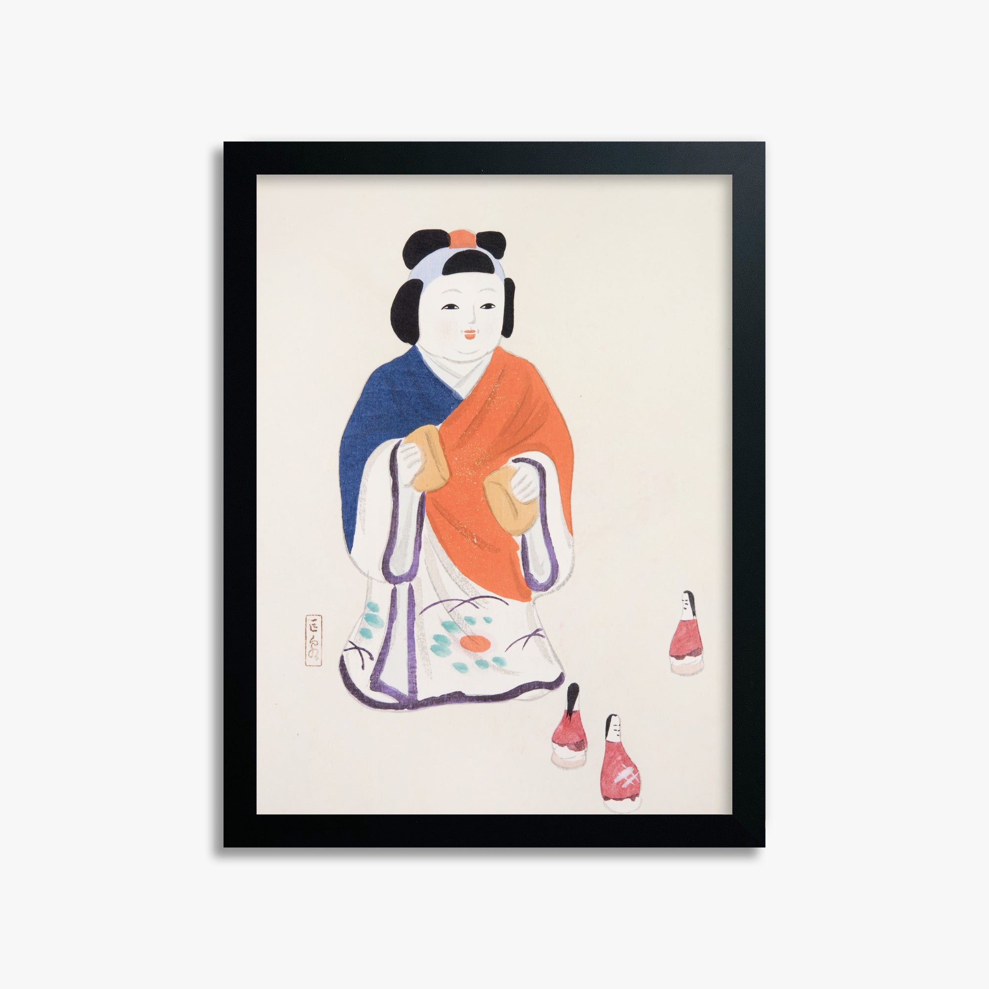Kawasaki Kyosen: Kyosen’s Collected Illustrations of Japanese Toys Nr. 63 ("Serene Heritage Doll"), 30x40cm Framed Art Reproduction With Black Frame