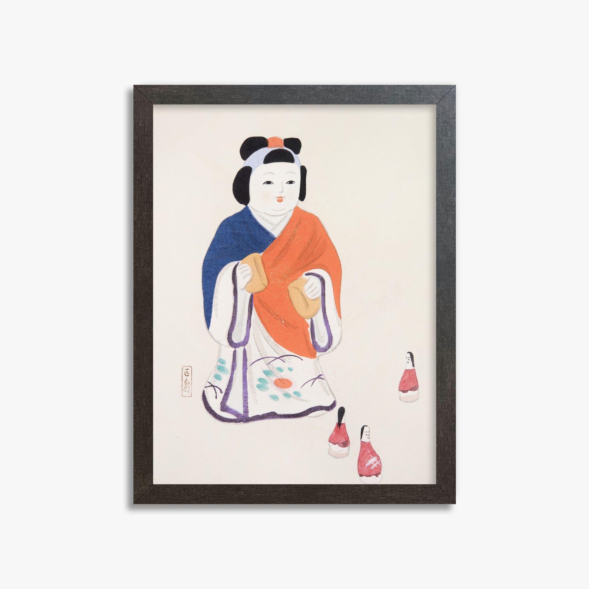 Kawasaki Kyosen: Kyosen’s Collected Illustrations of Japanese Toys Nr. 63 ("Serene Heritage Doll"), 30x40cm Framed Art Reproduction With Espresso Frame