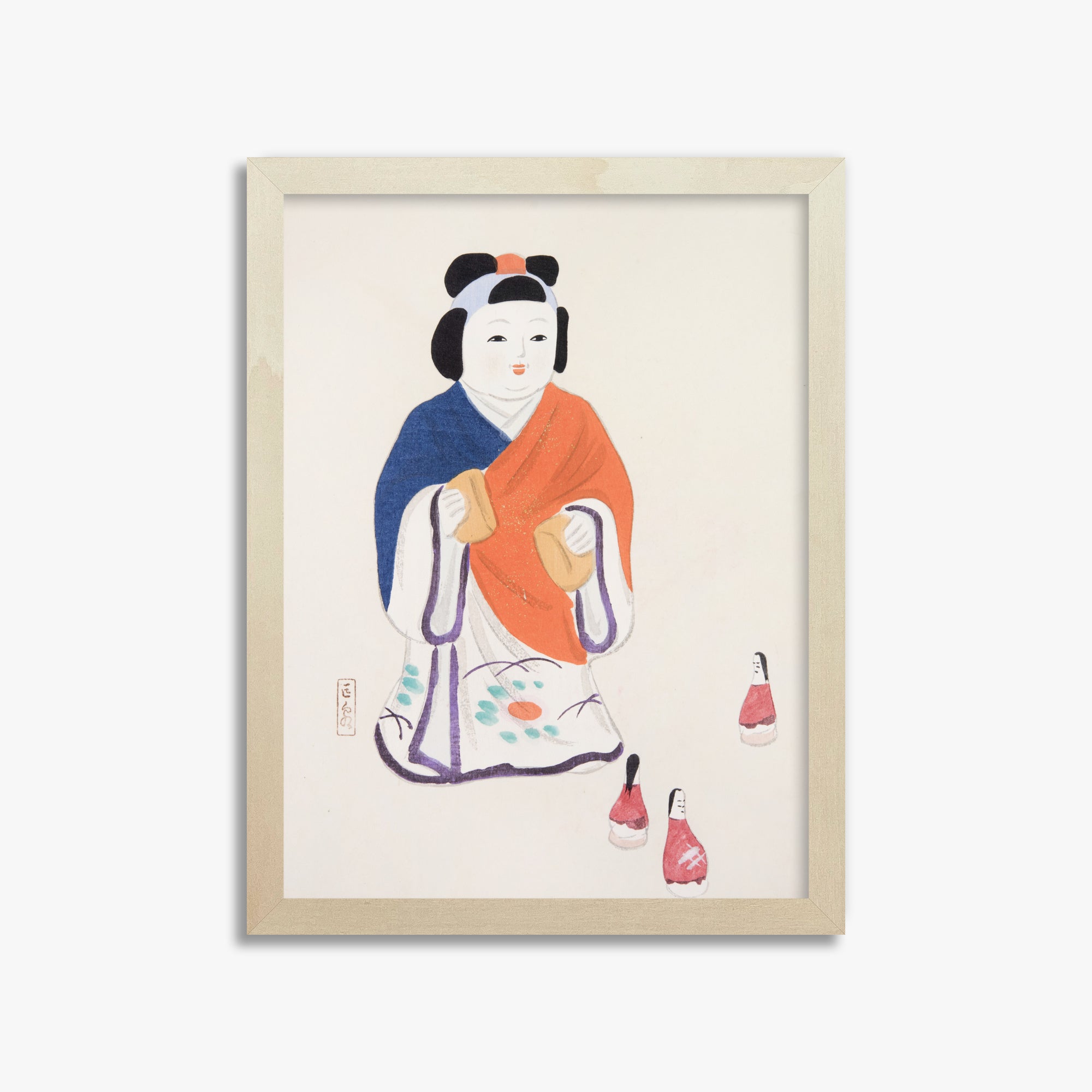 Kawasaki Kyosen: Kyosen’s Collected Illustrations of Japanese Toys Nr. 63 ("Serene Heritage Doll"), 30x40cm Framed Art Reproduction With Lime Wood Frame