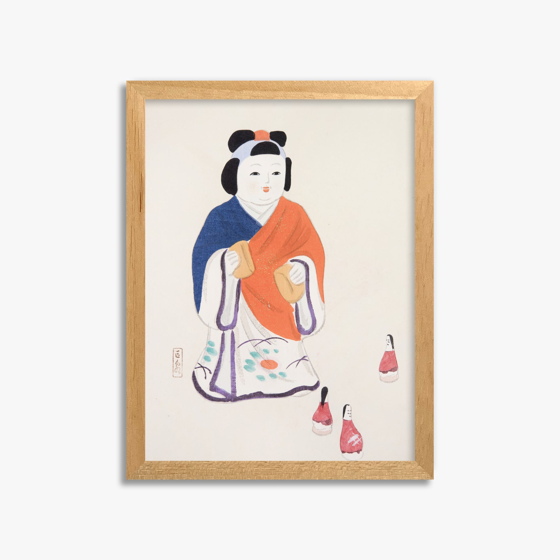 Kawasaki Kyosen: Kyosen’s Collected Illustrations of Japanese Toys Nr. 63 ("Serene Heritage Doll"), 30x40cm Framed Art Reproduction With Oak Frame