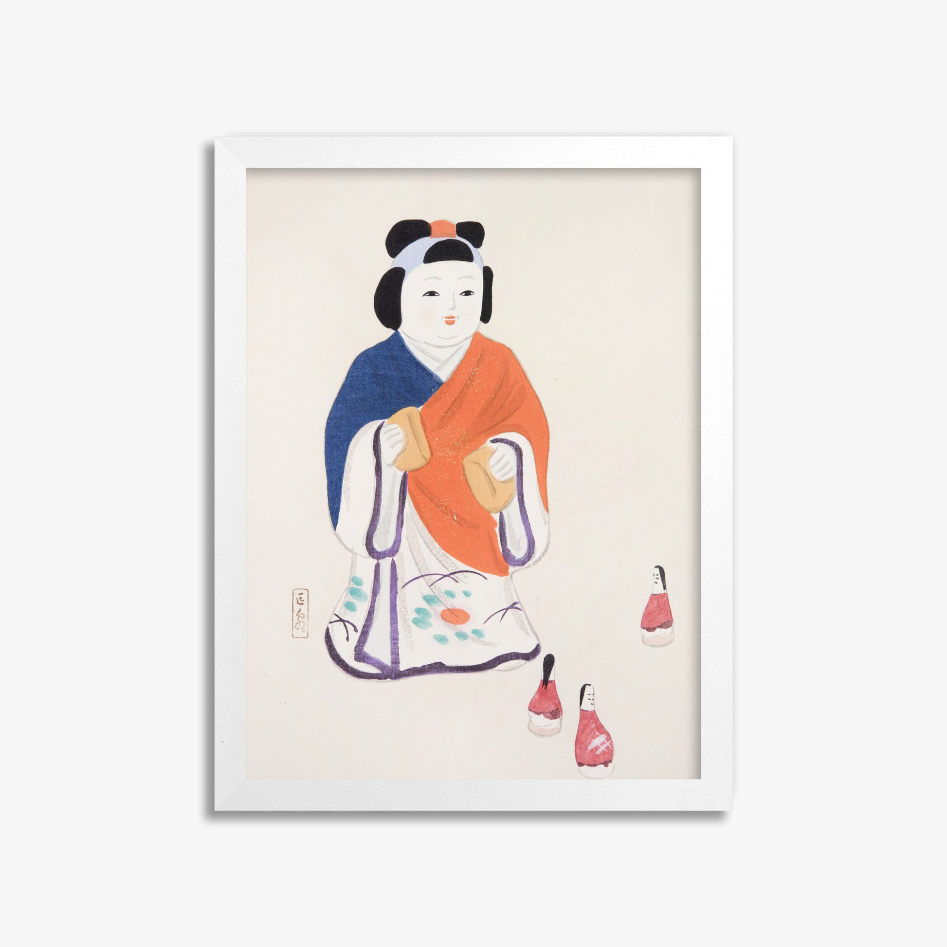 Kawasaki Kyosen: Kyosen’s Collected Illustrations of Japanese Toys Nr. 63 ("Serene Heritage Doll"), 30x40cm Framed Art Reproduction With White Frame