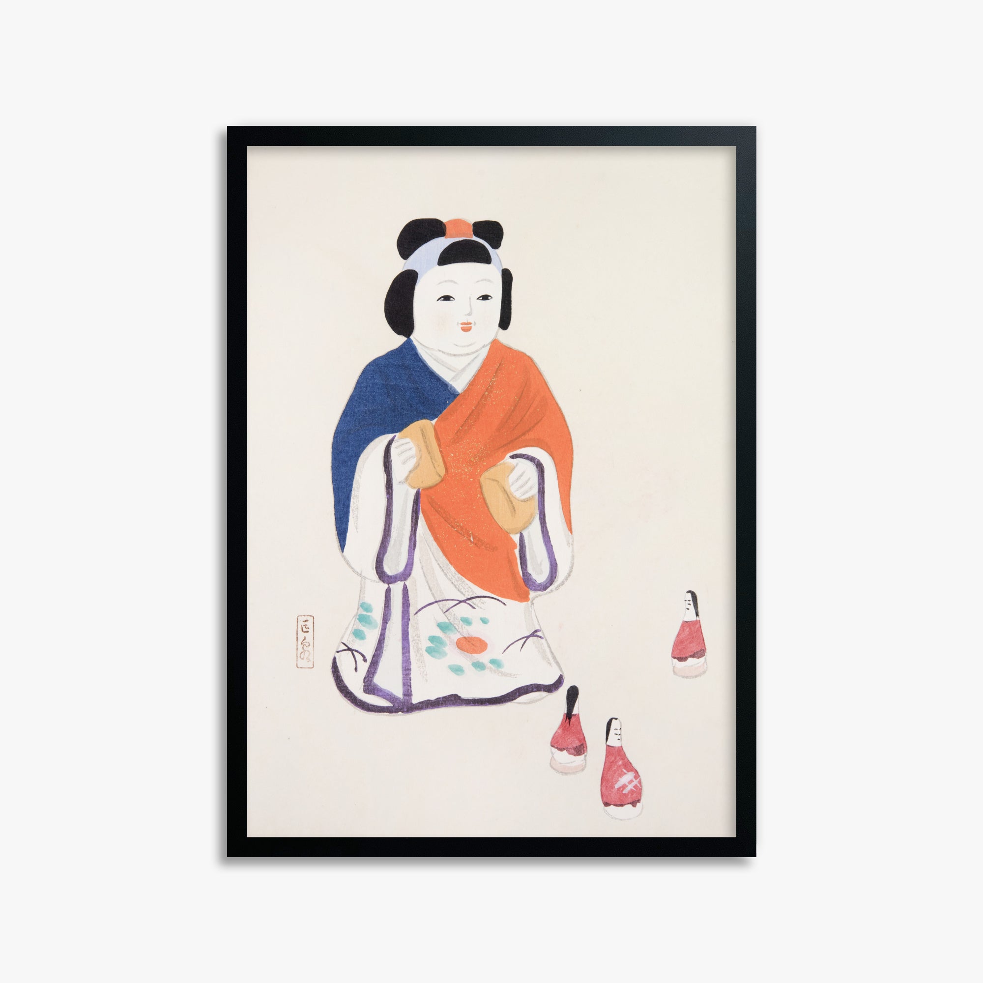 Kawasaki Kyosen: Kyosen’s Collected Illustrations of Japanese Toys Nr. 63 ("Serene Heritage Doll"), 50x70cm Framed Art Reproduction With Black Frame