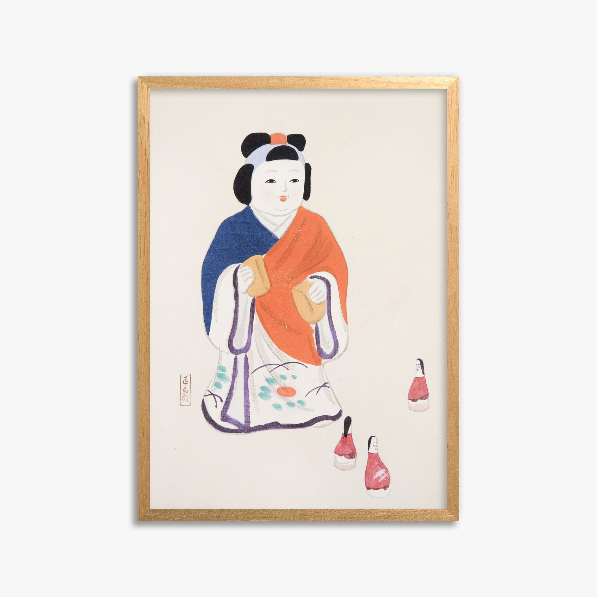 Kawasaki Kyosen: Kyosen’s Collected Illustrations of Japanese Toys Nr. 63 ("Serene Heritage Doll"), 50x70cm Framed Art Reproduction With Oak Frame