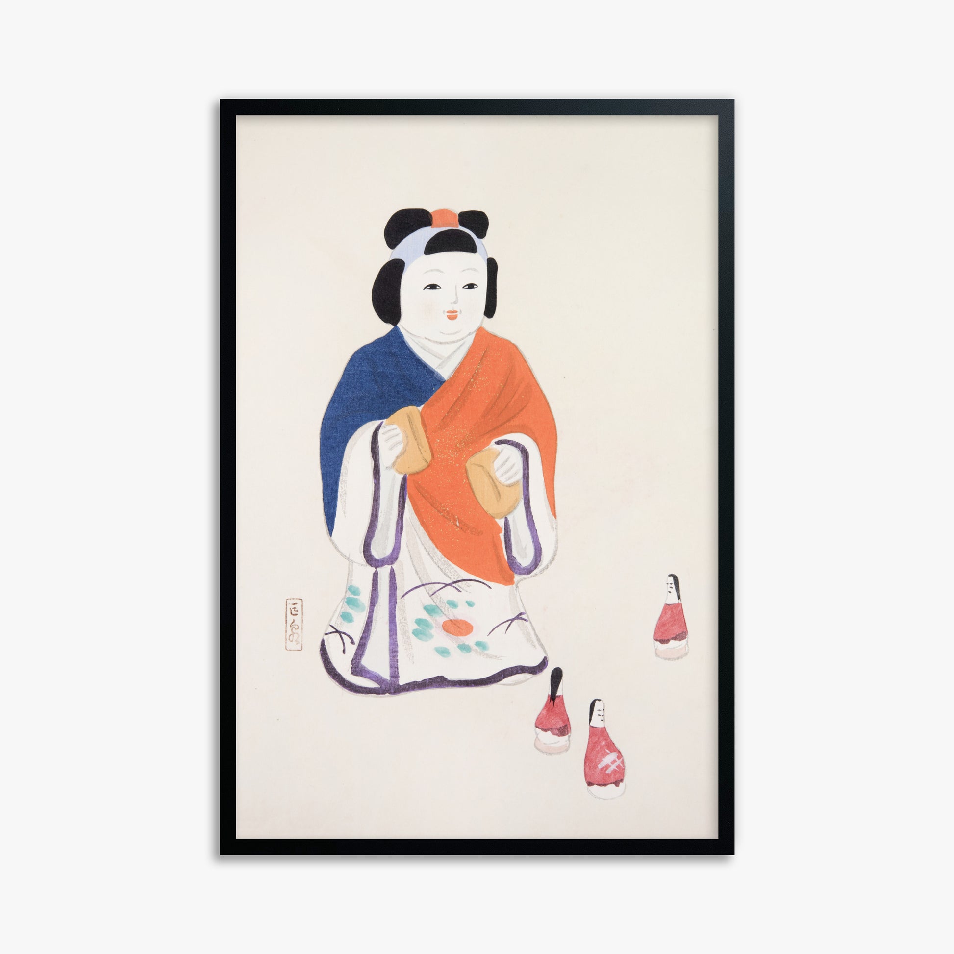 Kawasaki Kyosen: Kyosen’s Collected Illustrations of Japanese Toys Nr. 63 ("Serene Heritage Doll"), 61x91cm Framed Art Reproduction With Black Frame