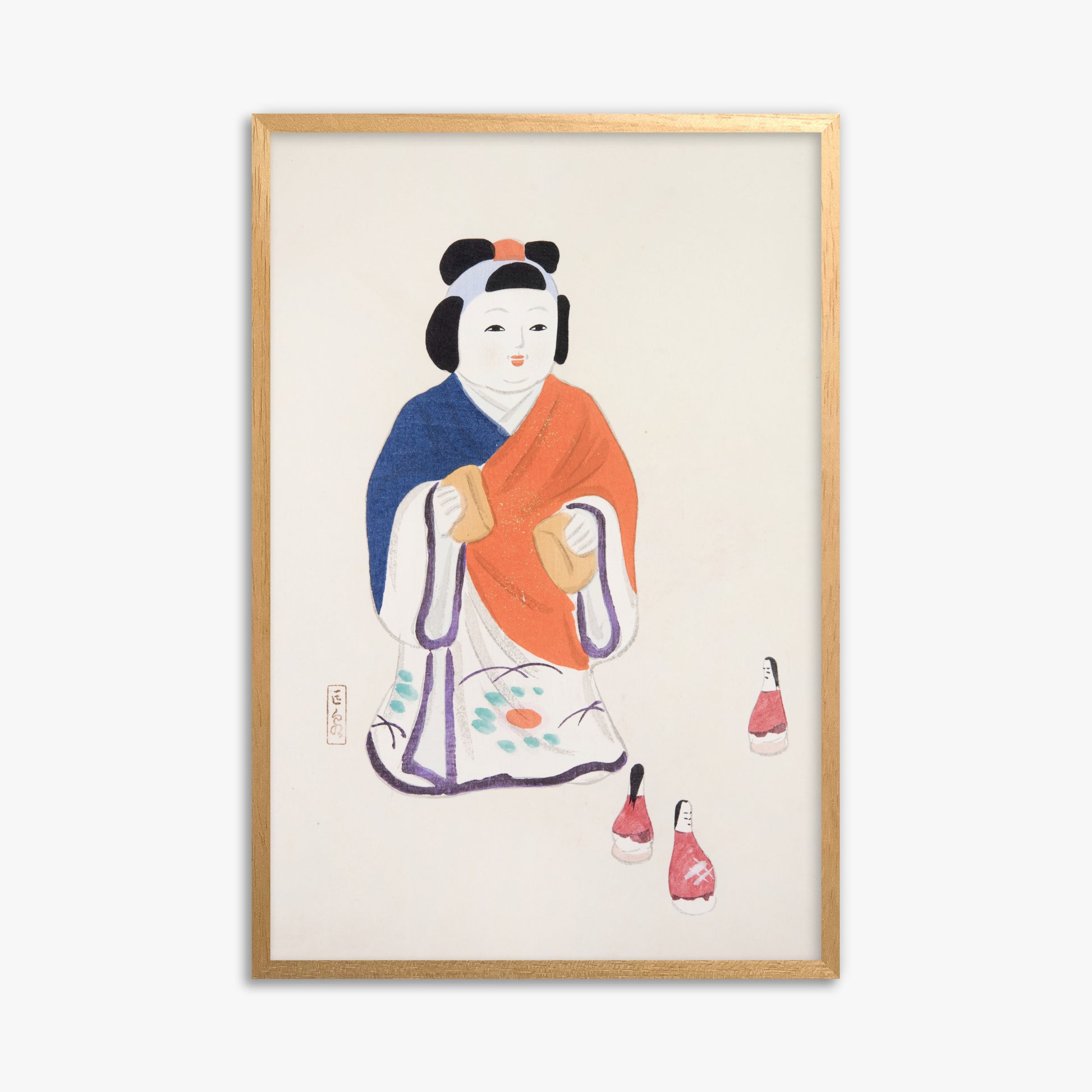 Kawasaki Kyosen: Kyosen’s Collected Illustrations of Japanese Toys Nr. 63 ("Serene Heritage Doll"), 61x91cm Framed Art Reproduction With Oak Frame