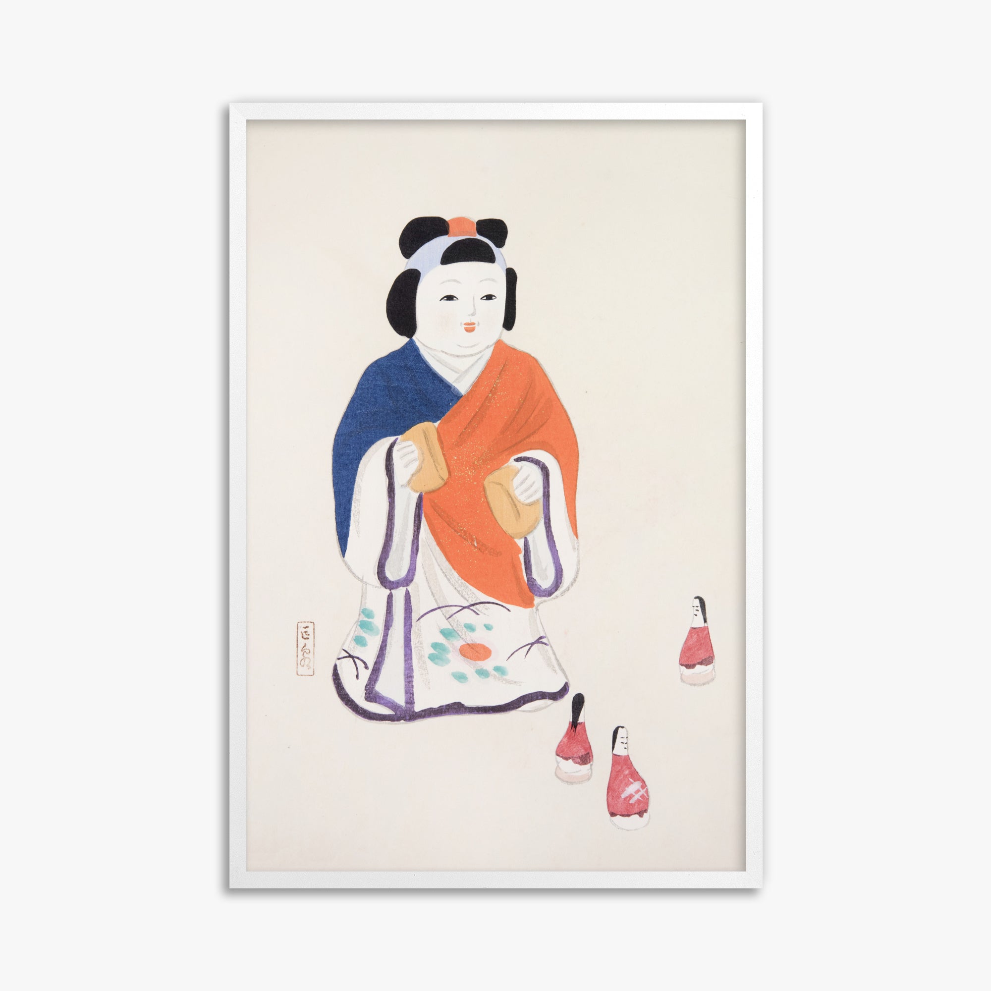 Kawasaki Kyosen: Kyosen’s Collected Illustrations of Japanese Toys Nr. 63 ("Serene Heritage Doll"), 61x91cm Framed Art Reproduction With White Frame