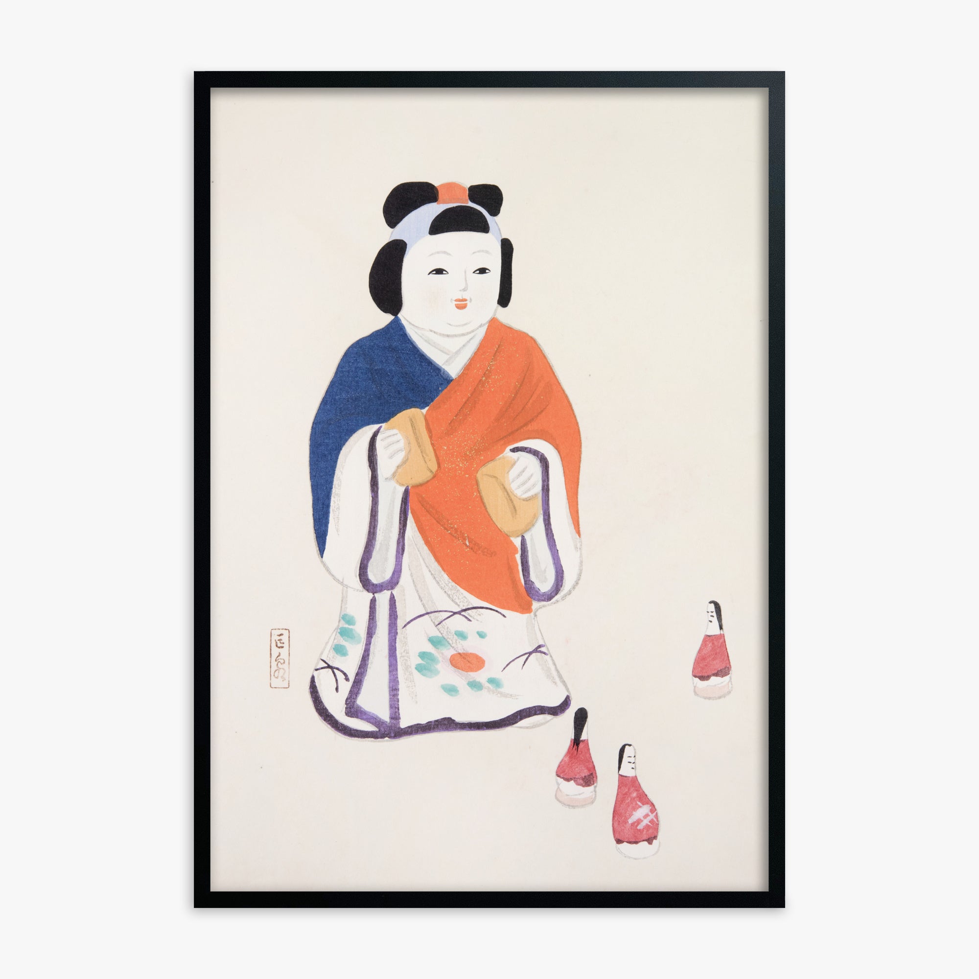 Kawasaki Kyosen: Kyosen’s Collected Illustrations of Japanese Toys Nr. 63 ("Serene Heritage Doll"), Black Framed Art Reproduction With Black Frame