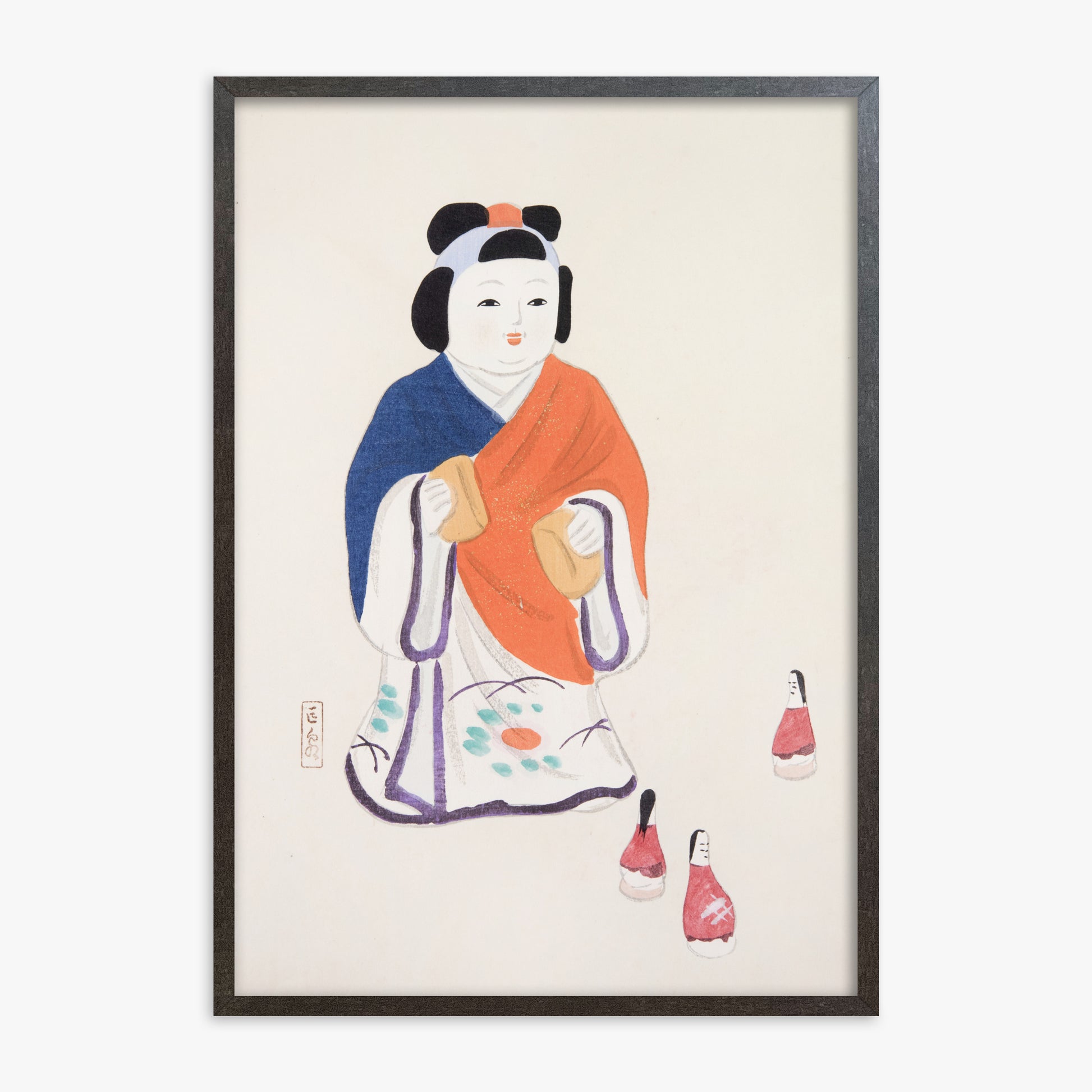 Kawasaki Kyosen: Kyosen’s Collected Illustrations of Japanese Toys Nr. 63 ("Serene Heritage Doll"), 70x100cm Framed Art Reproduction With Espresso Frame