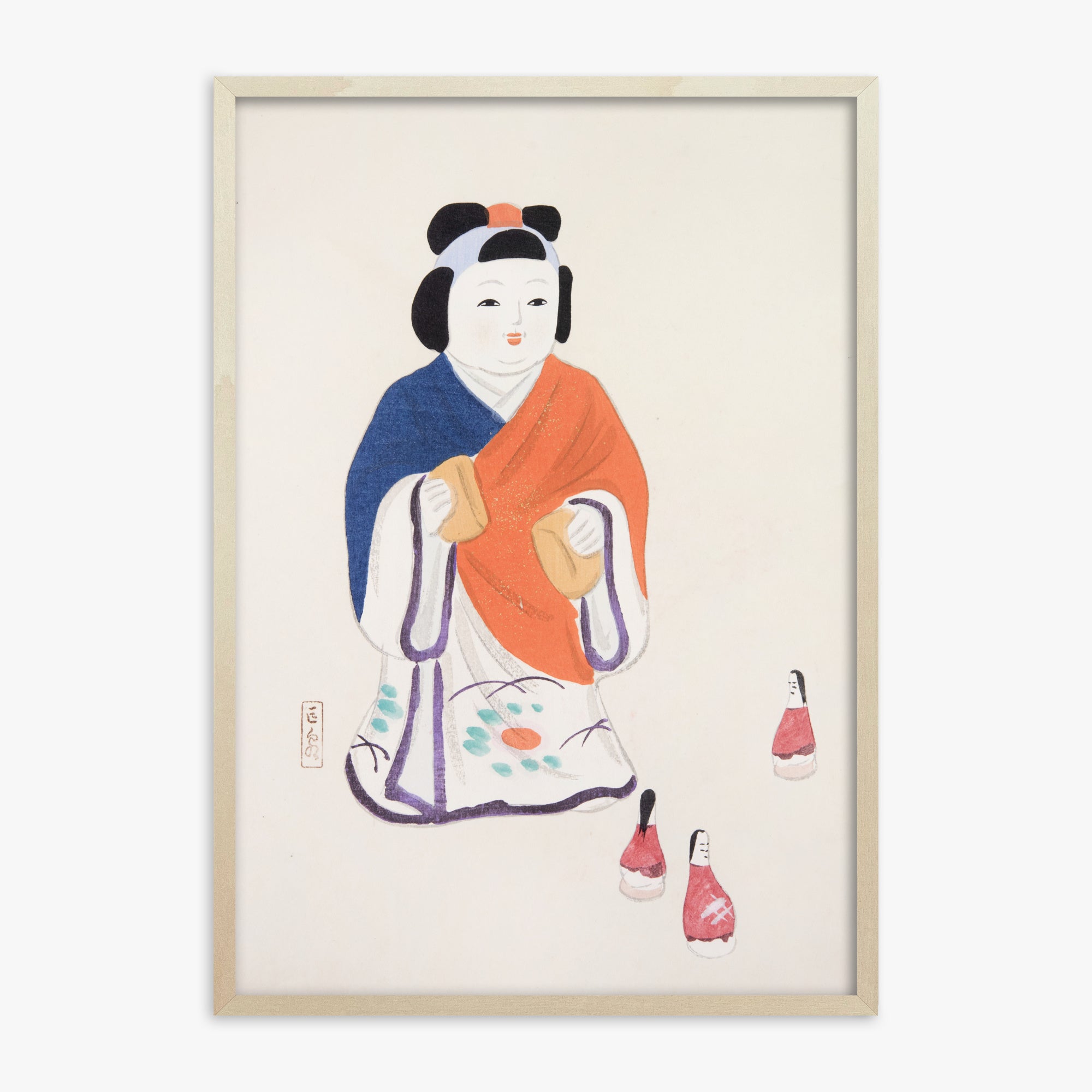 Kawasaki Kyosen: Kyosen’s Collected Illustrations of Japanese Toys Nr. 63 ("Serene Heritage Doll"), 70x100cm Framed Art Reproduction With Lime Wood Frame