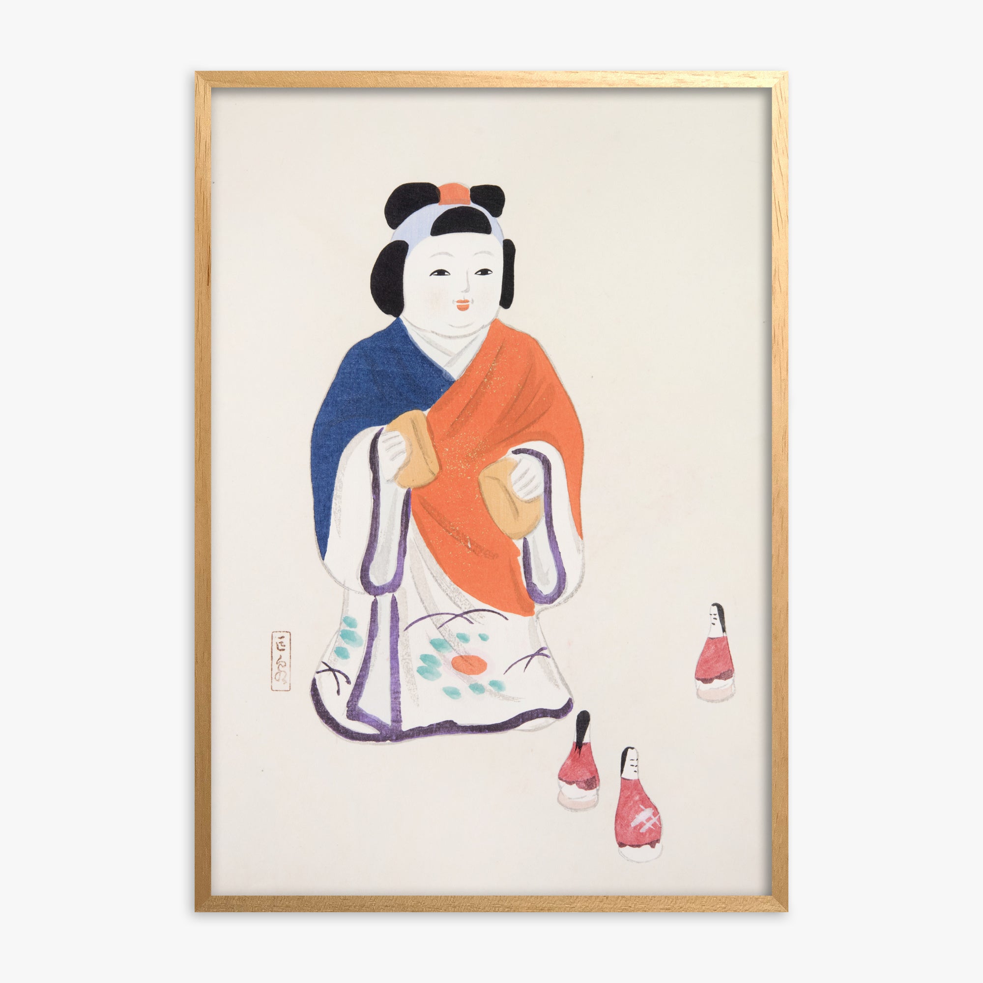 Kawasaki Kyosen: Kyosen’s Collected Illustrations of Japanese Toys Nr. 63 ("Serene Heritage Doll"), Oak Framed Art Reproduction With Oak Frame