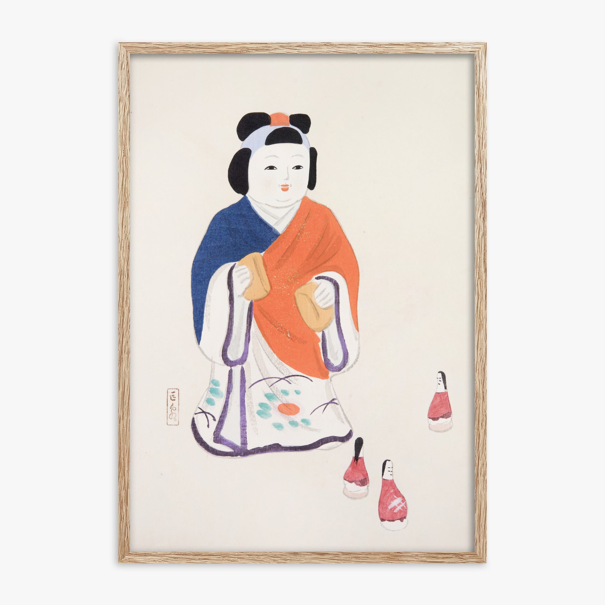 Kawasaki Kyosen: Kyosen’s Collected Illustrations of Japanese Toys Nr. 63 ("Serene Heritage Doll"), 70x100cm Framed Art Reproduction With Raw Oak Frame