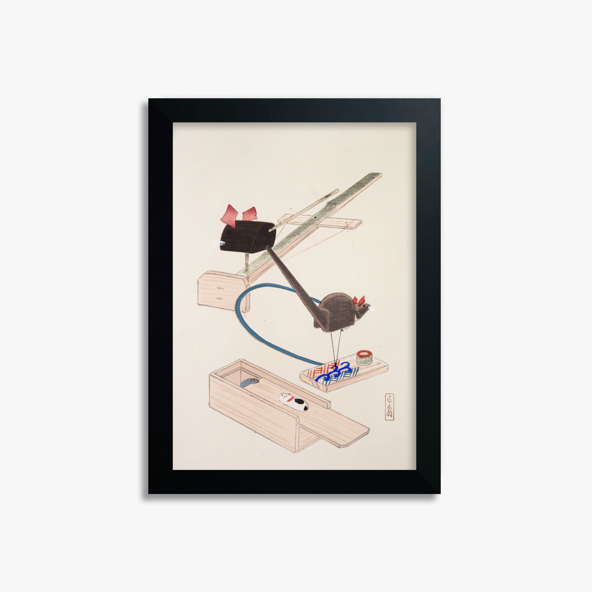 Kawasaki Kyosen: Kyosen’s Collected Illustrations of Japanese Toys Nr. 64 ("Japanese Mousetrap Game"), 21x30cm Framed Art Reproduction With Black Frame