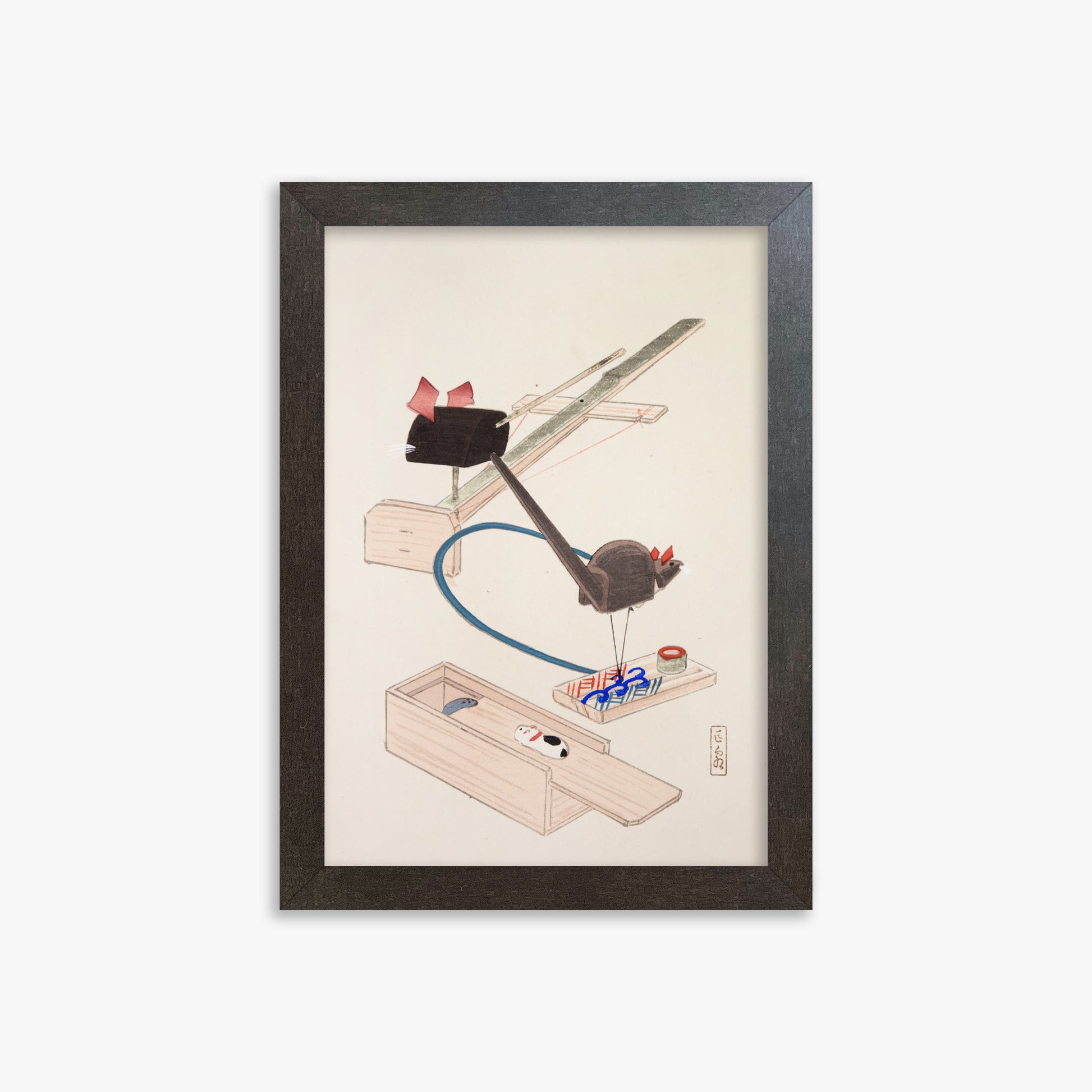 Kawasaki Kyosen: Kyosen’s Collected Illustrations of Japanese Toys Nr. 64 ("Japanese Mousetrap Game"), 21x30cm Framed Art Reproduction With Espresso Frame