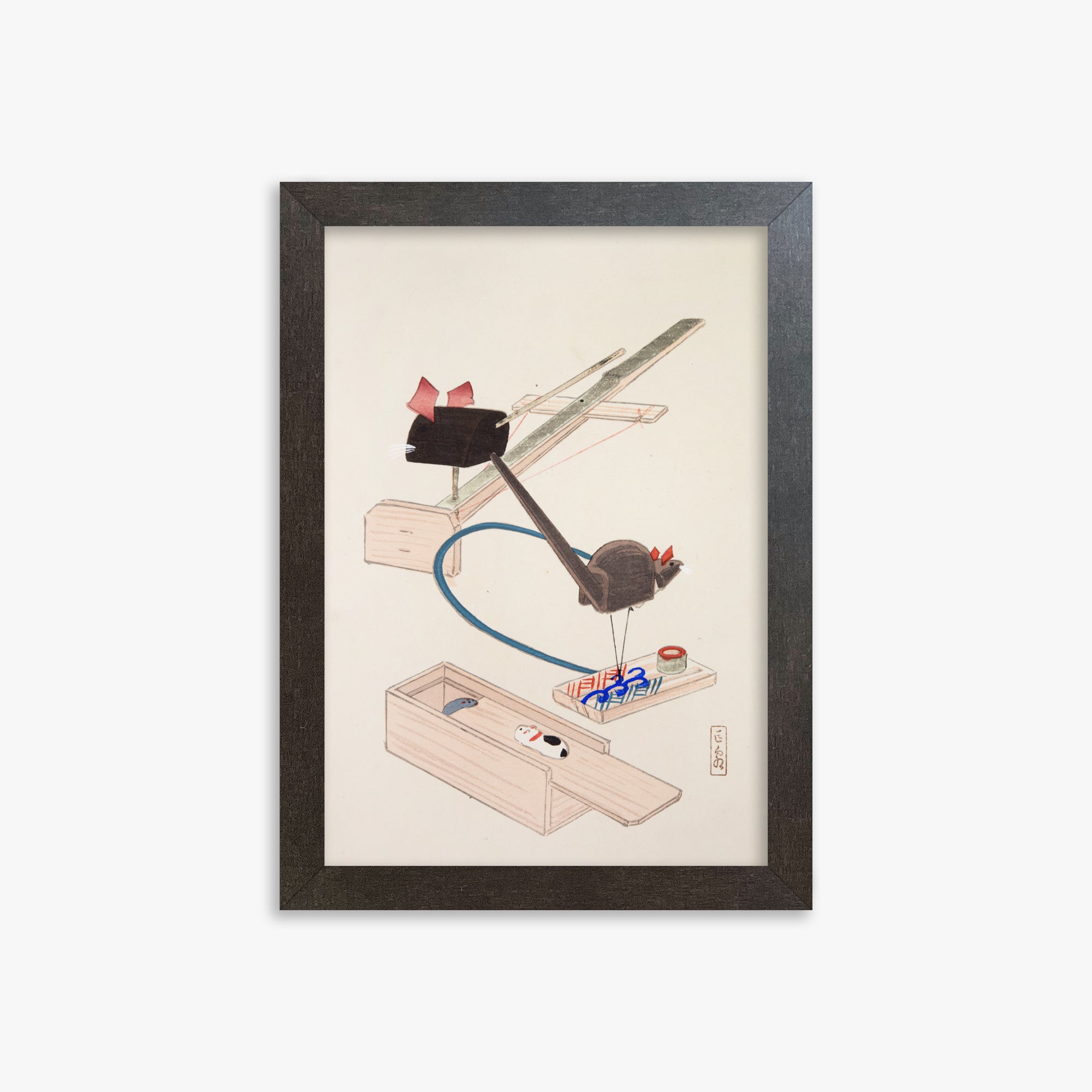 Kawasaki Kyosen: Kyosen’s Collected Illustrations of Japanese Toys Nr. 64 ("Japanese Mousetrap Game"), 21x30cm Framed Art Reproduction With Espresso Frame