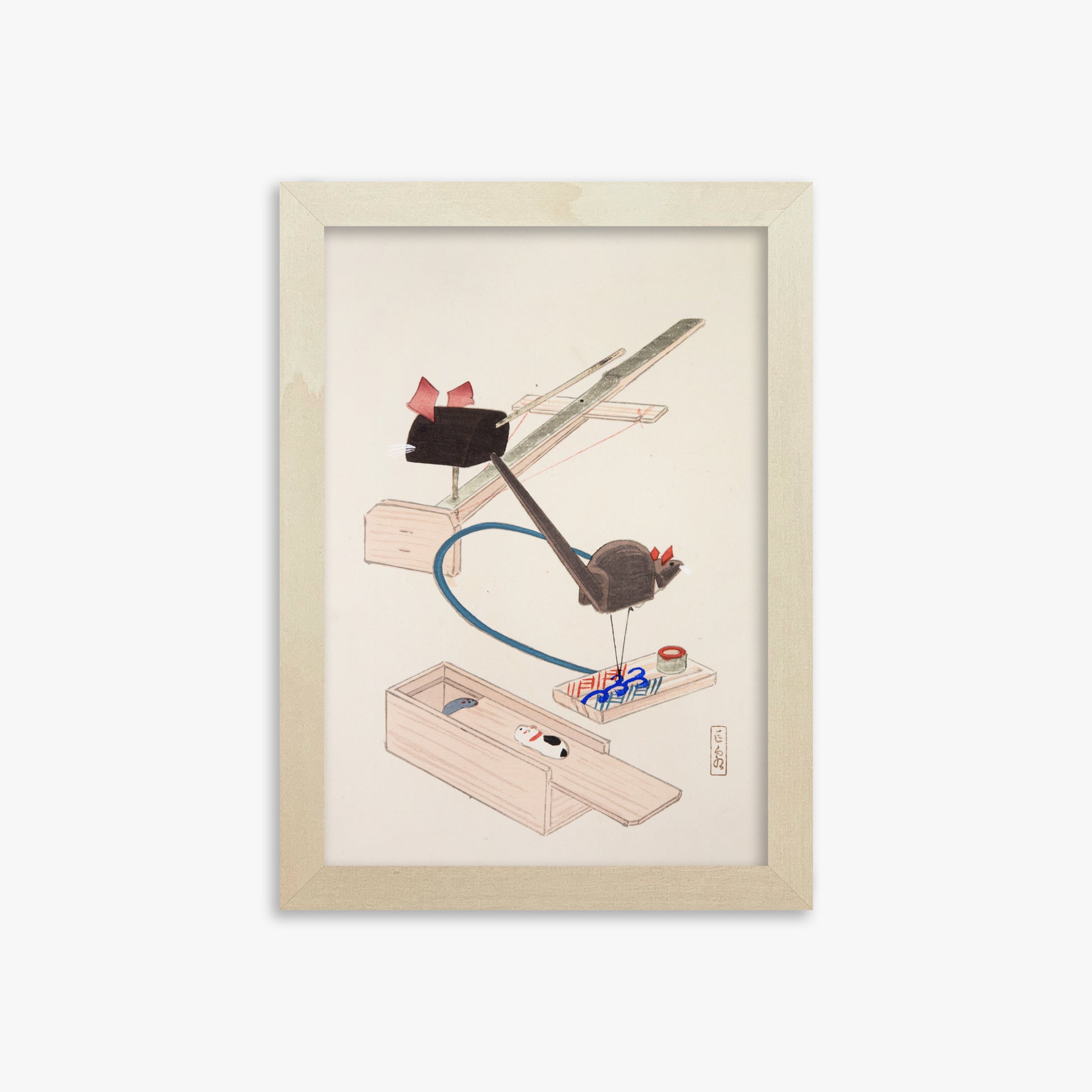 Kawasaki Kyosen: Kyosen’s Collected Illustrations of Japanese Toys Nr. 64 ("Japanese Mousetrap Game"), 21x30cm Framed Art Reproduction With Lime Wood Frame