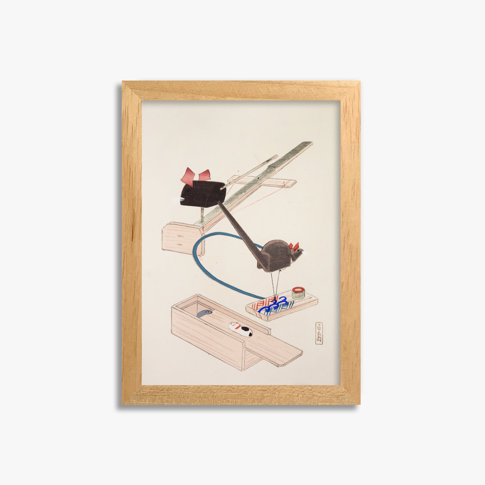 Kawasaki Kyosen: Kyosen’s Collected Illustrations of Japanese Toys Nr. 64 ("Japanese Mousetrap Game"), 21x30cm Framed Art Reproduction With Oak Frame