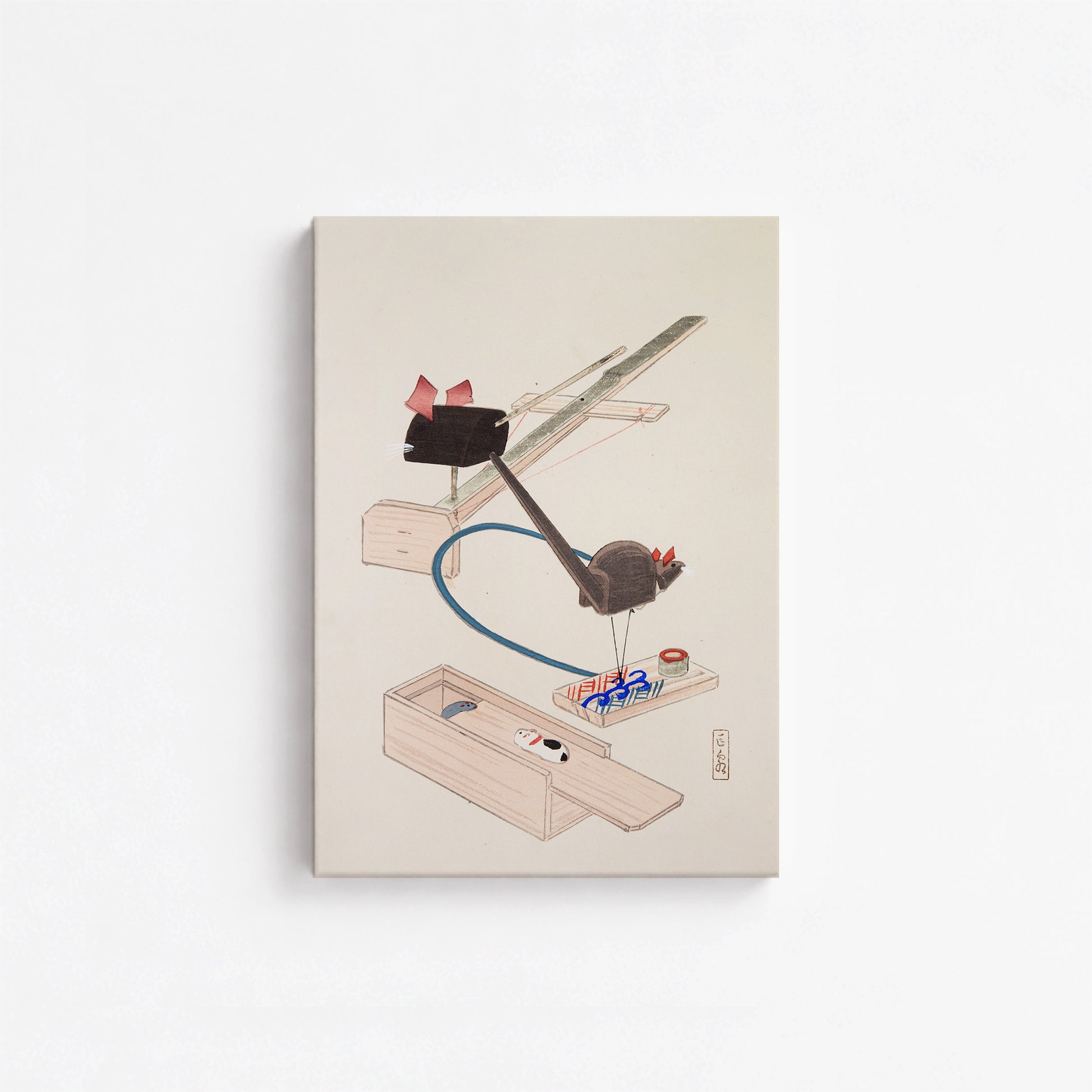 Kawasaki Kyosen: Kyosen’s Collected Illustrations of Japanese Toys Nr. 64 ("Japanese Mousetrap Game"), 21x30cm Satin Canvas Art Reproduction