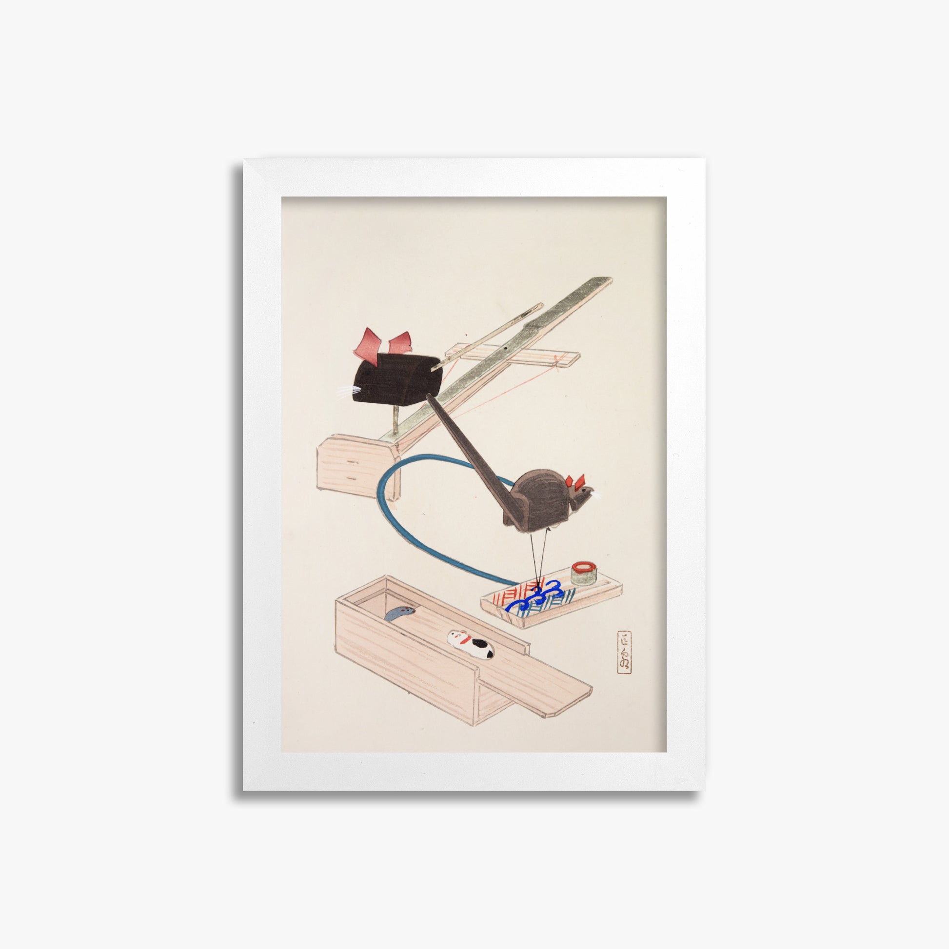 Kawasaki Kyosen: Kyosen’s Collected Illustrations of Japanese Toys Nr. 64 ("Japanese Mousetrap Game"), 21x30cm Framed Art Reproduction With White Frame