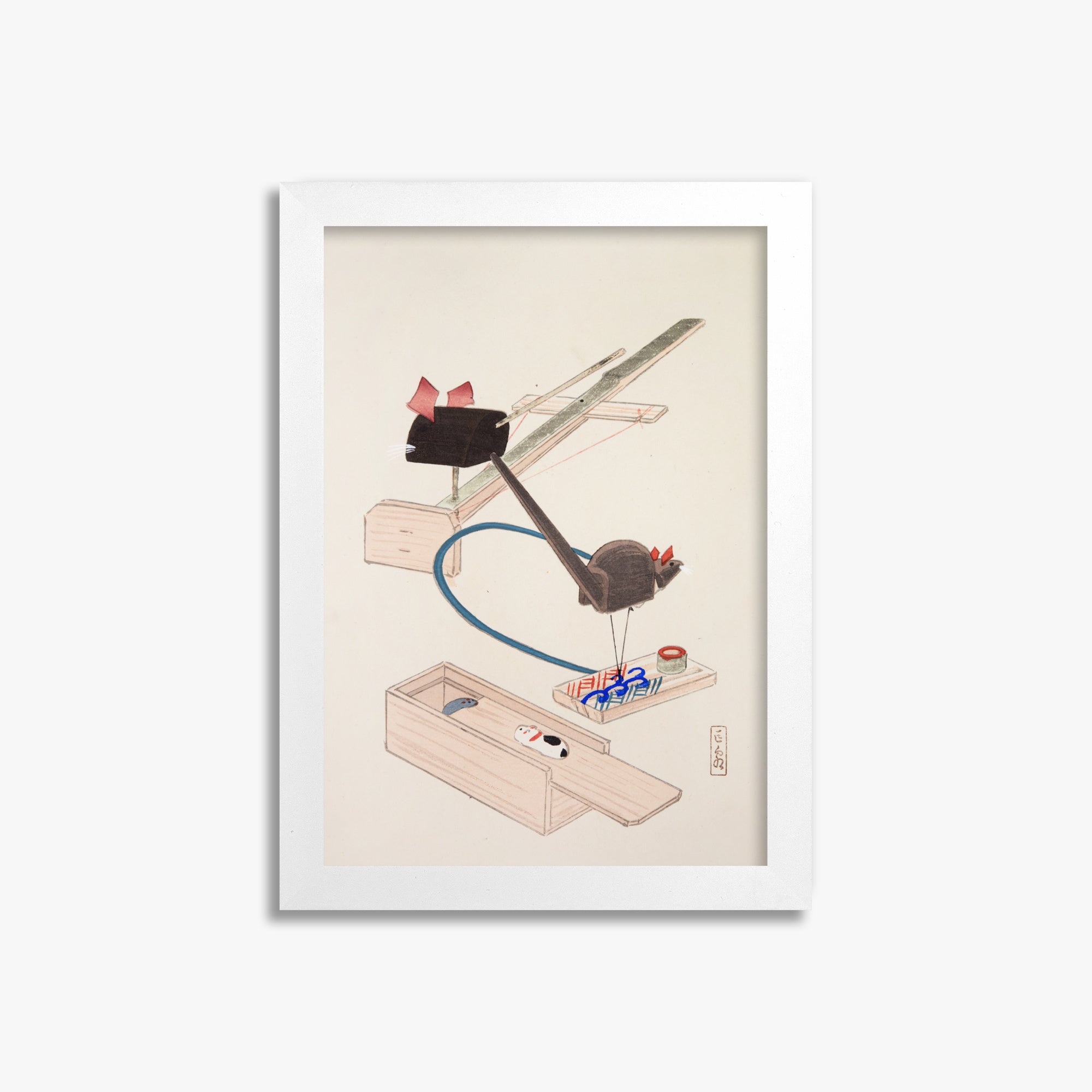 Kawasaki Kyosen: Kyosen’s Collected Illustrations of Japanese Toys Nr. 64 ("Japanese Mousetrap Game"), 21x30cm Framed Art Reproduction With White Frame