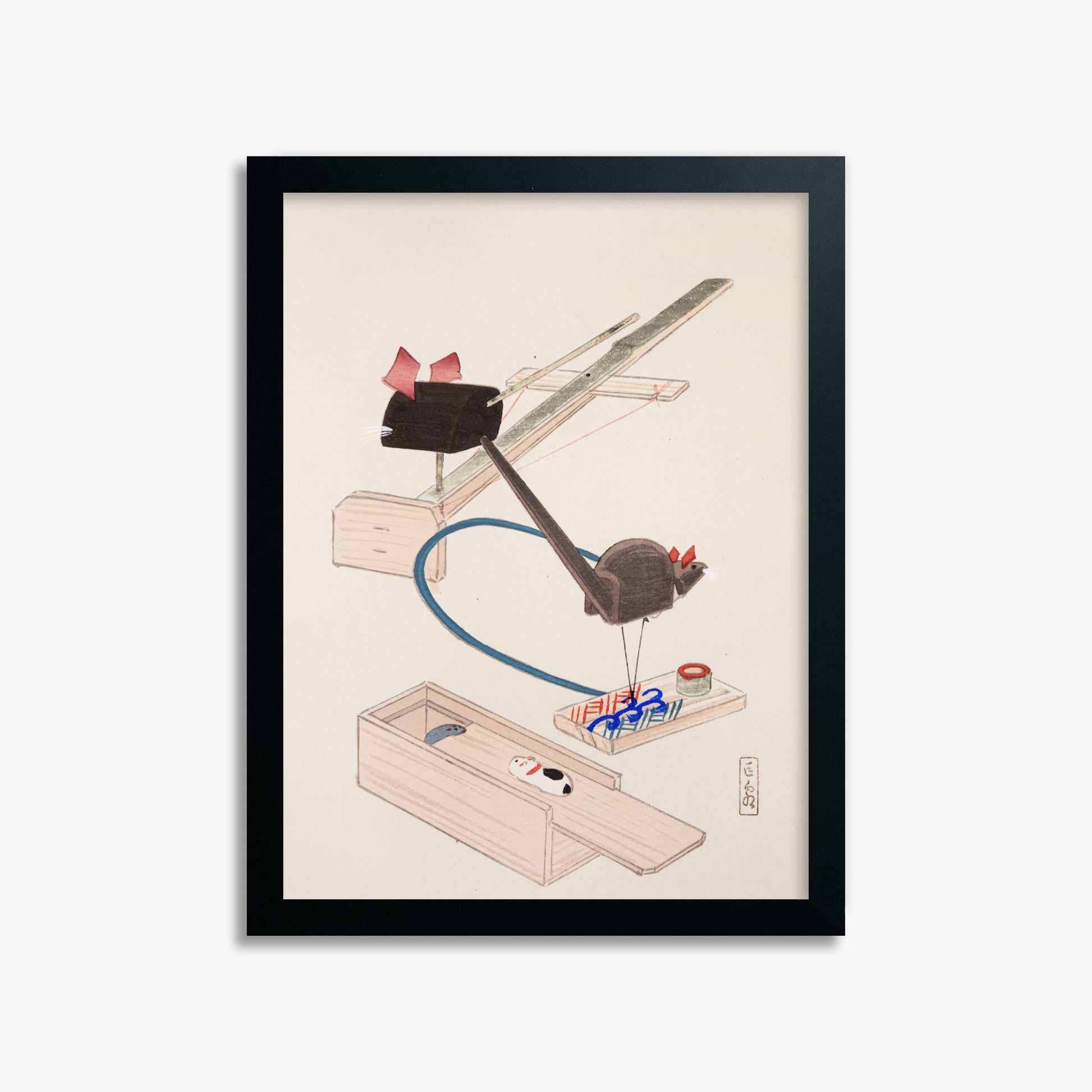 Kawasaki Kyosen: Kyosen’s Collected Illustrations of Japanese Toys Nr. 64 ("Japanese Mousetrap Game"), 30x40cm Framed Art Reproduction With Black Frame