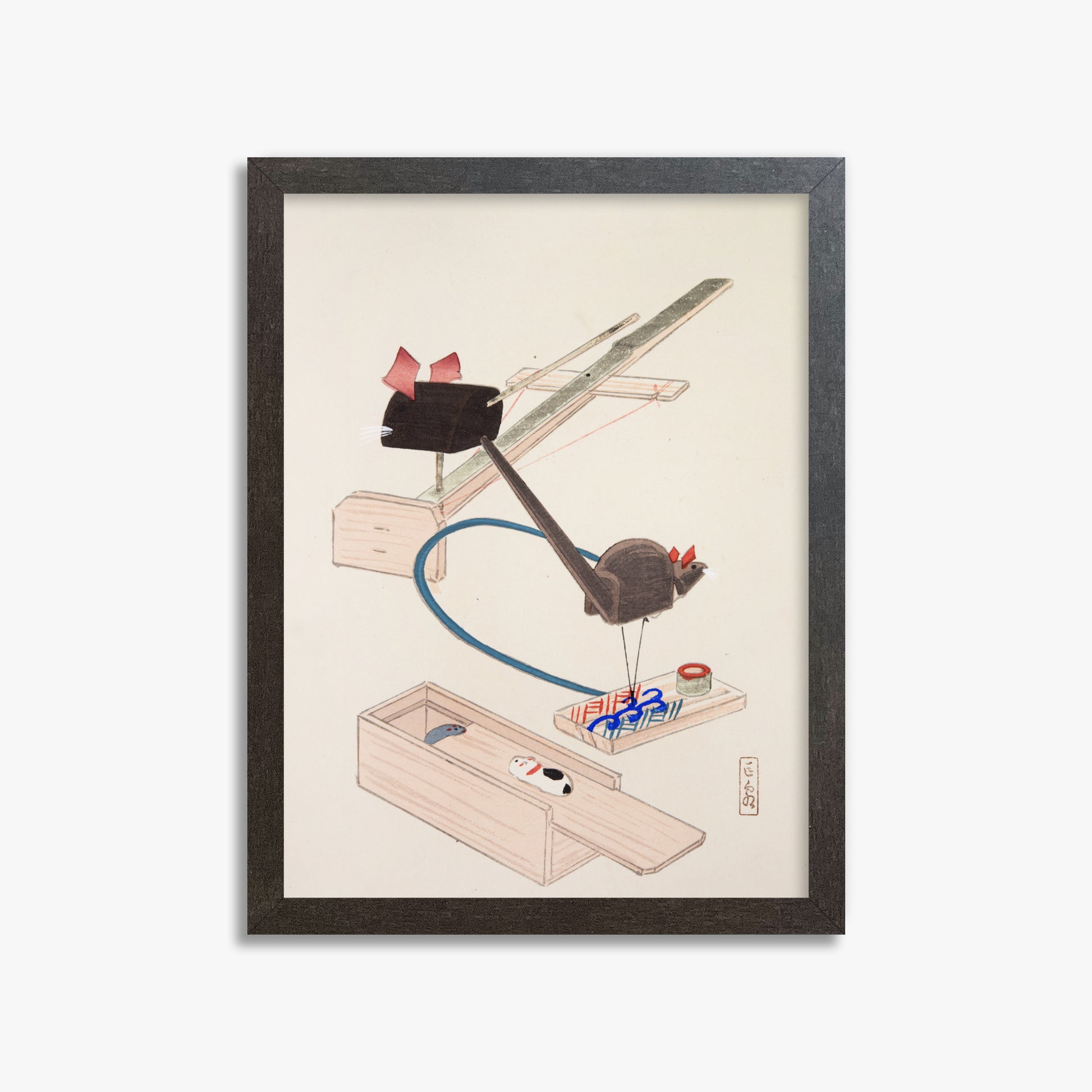 Kawasaki Kyosen: Kyosen’s Collected Illustrations of Japanese Toys Nr. 64 ("Japanese Mousetrap Game"), 30x40cm Framed Art Reproduction With Espresso Frame