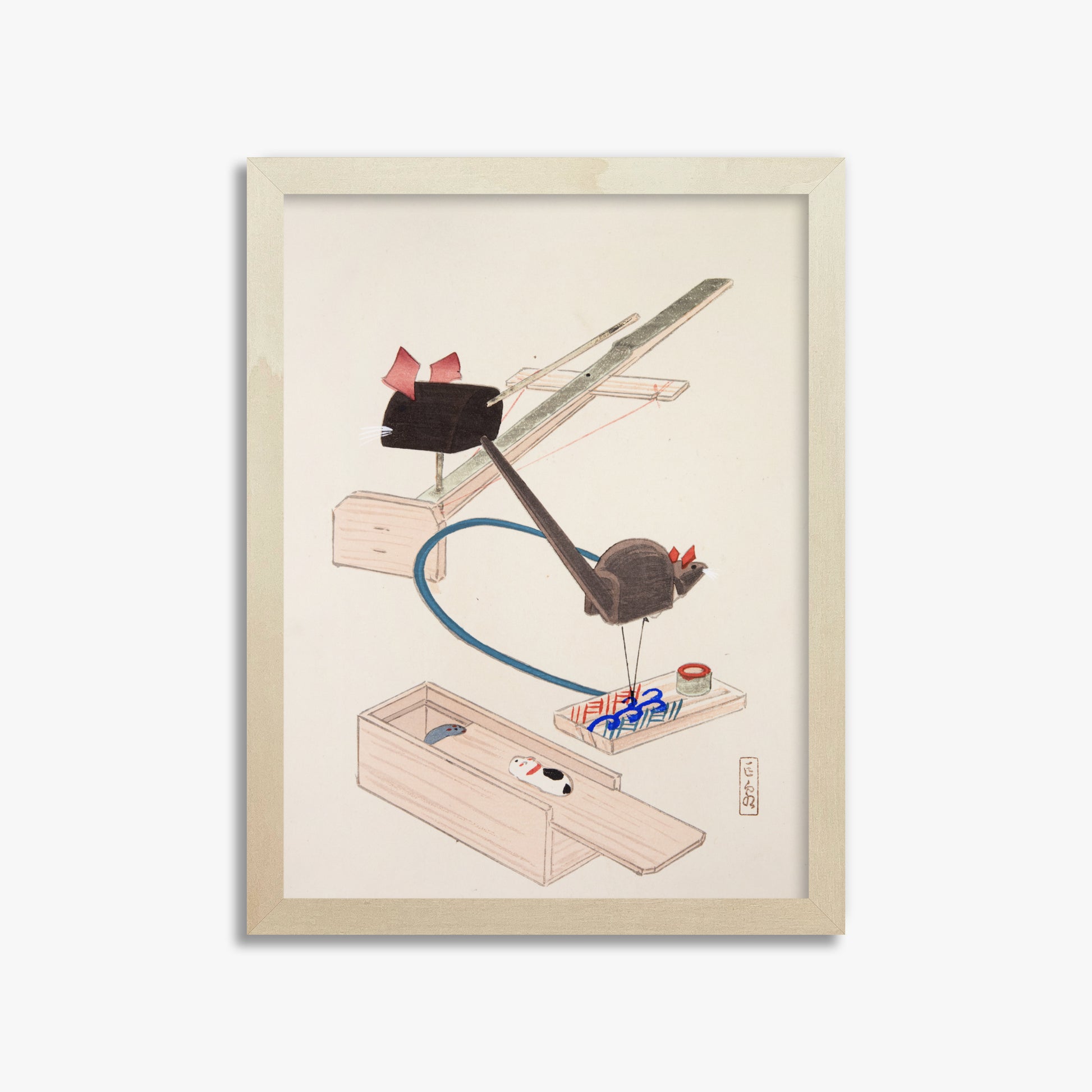 Kawasaki Kyosen: Kyosen’s Collected Illustrations of Japanese Toys Nr. 64 ("Japanese Mousetrap Game"), 30x40cm Framed Art Reproduction With Lime Wood Frame