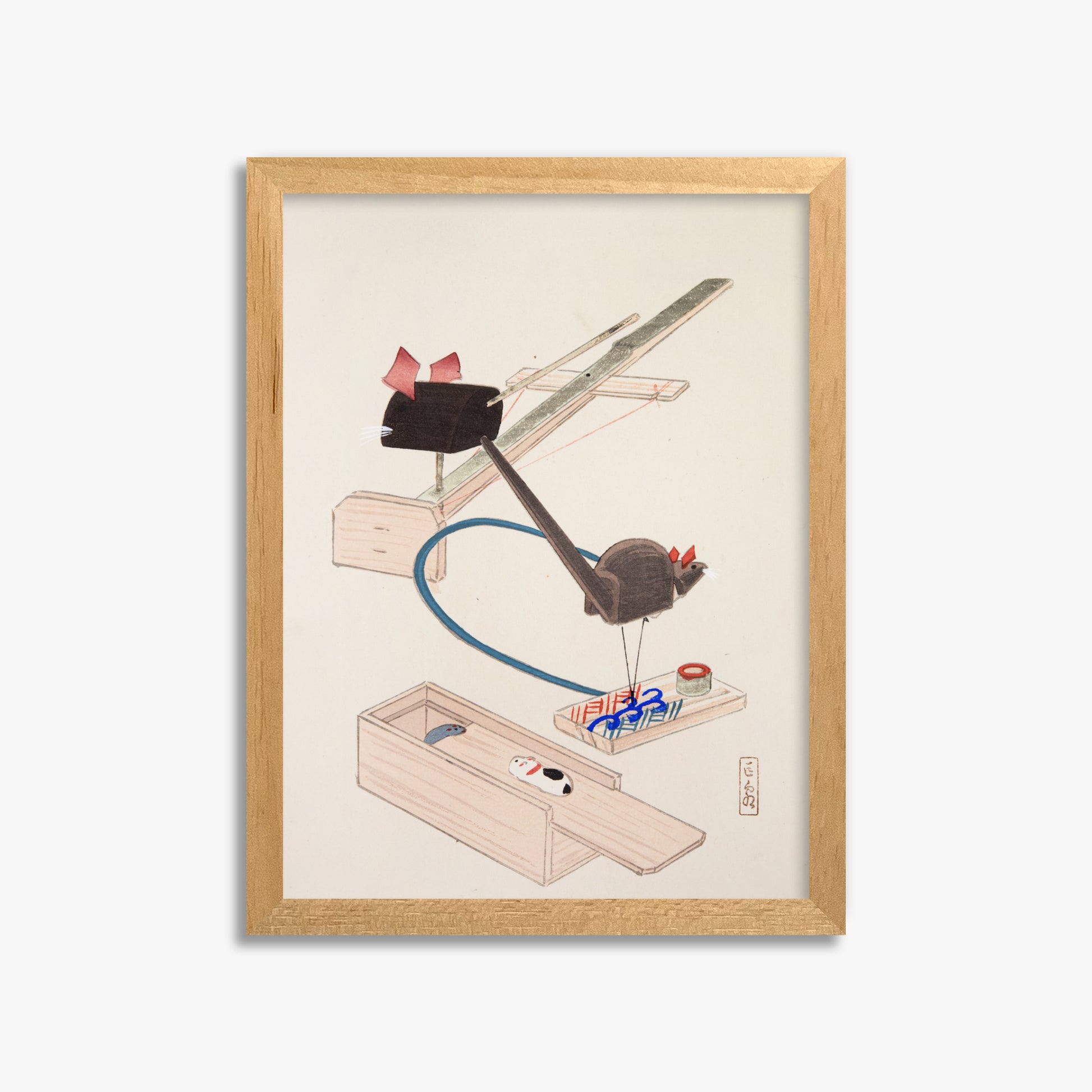 Kawasaki Kyosen: Kyosen’s Collected Illustrations of Japanese Toys Nr. 64 ("Japanese Mousetrap Game"), 30x40cm Framed Art Reproduction With Oak Frame