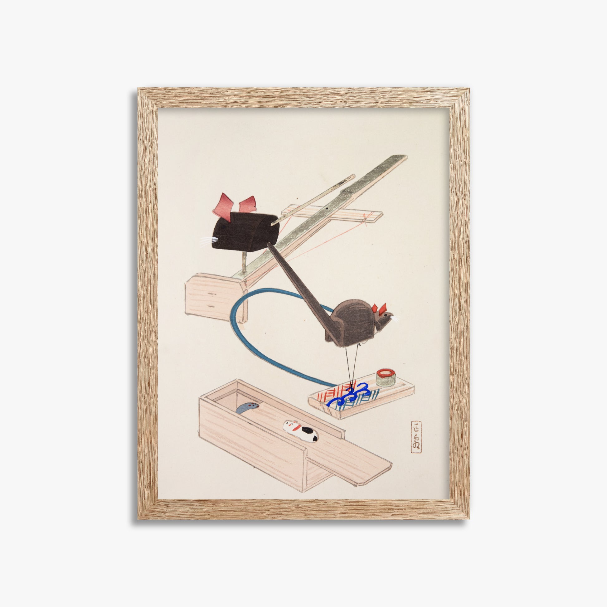 Kawasaki Kyosen: Kyosen’s Collected Illustrations of Japanese Toys Nr. 64 ("Japanese Mousetrap Game"), 30x40cm Framed Art Reproduction With Raw Oak Frame