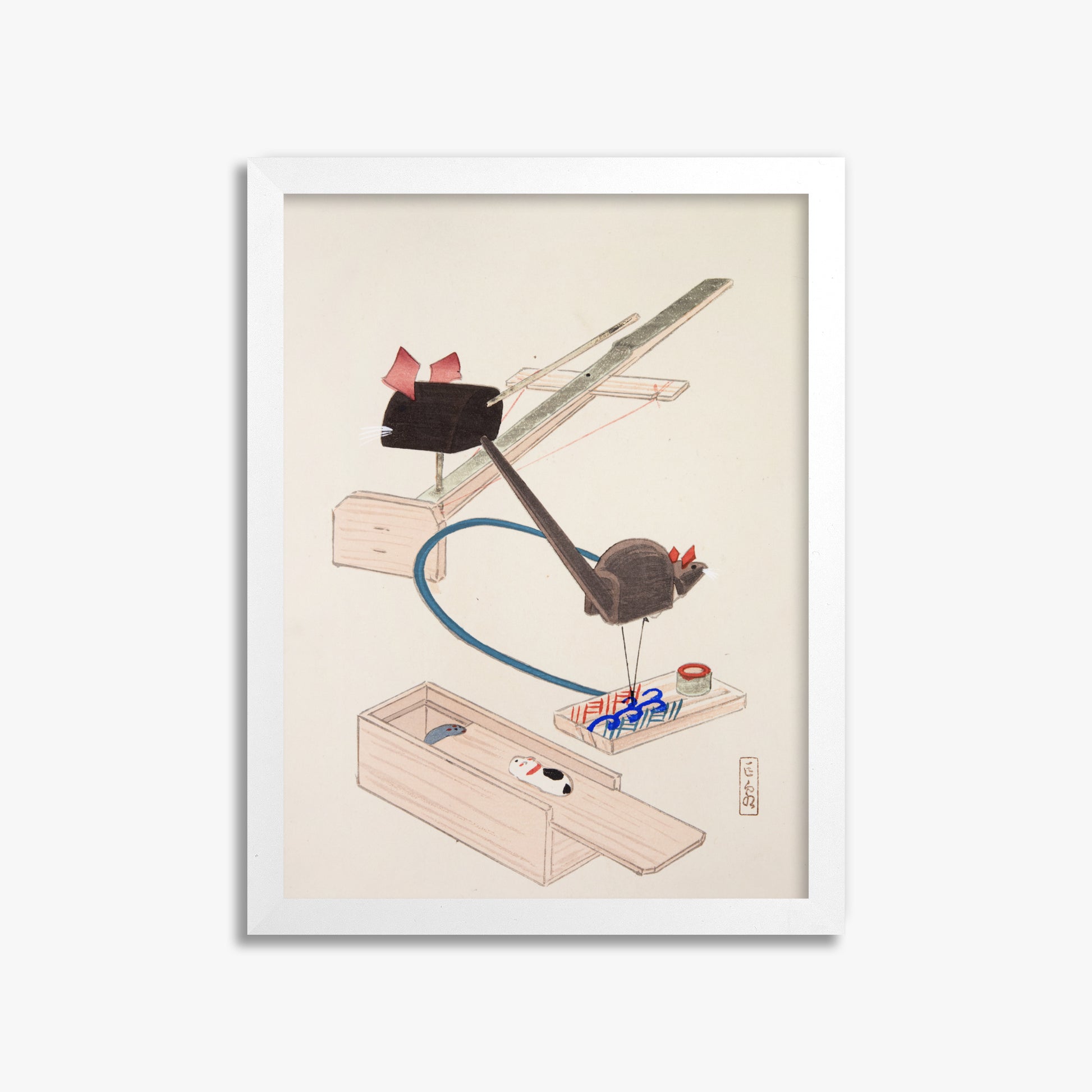 Kawasaki Kyosen: Kyosen’s Collected Illustrations of Japanese Toys Nr. 64 ("Japanese Mousetrap Game"), 30x40cm Framed Art Reproduction With White Frame