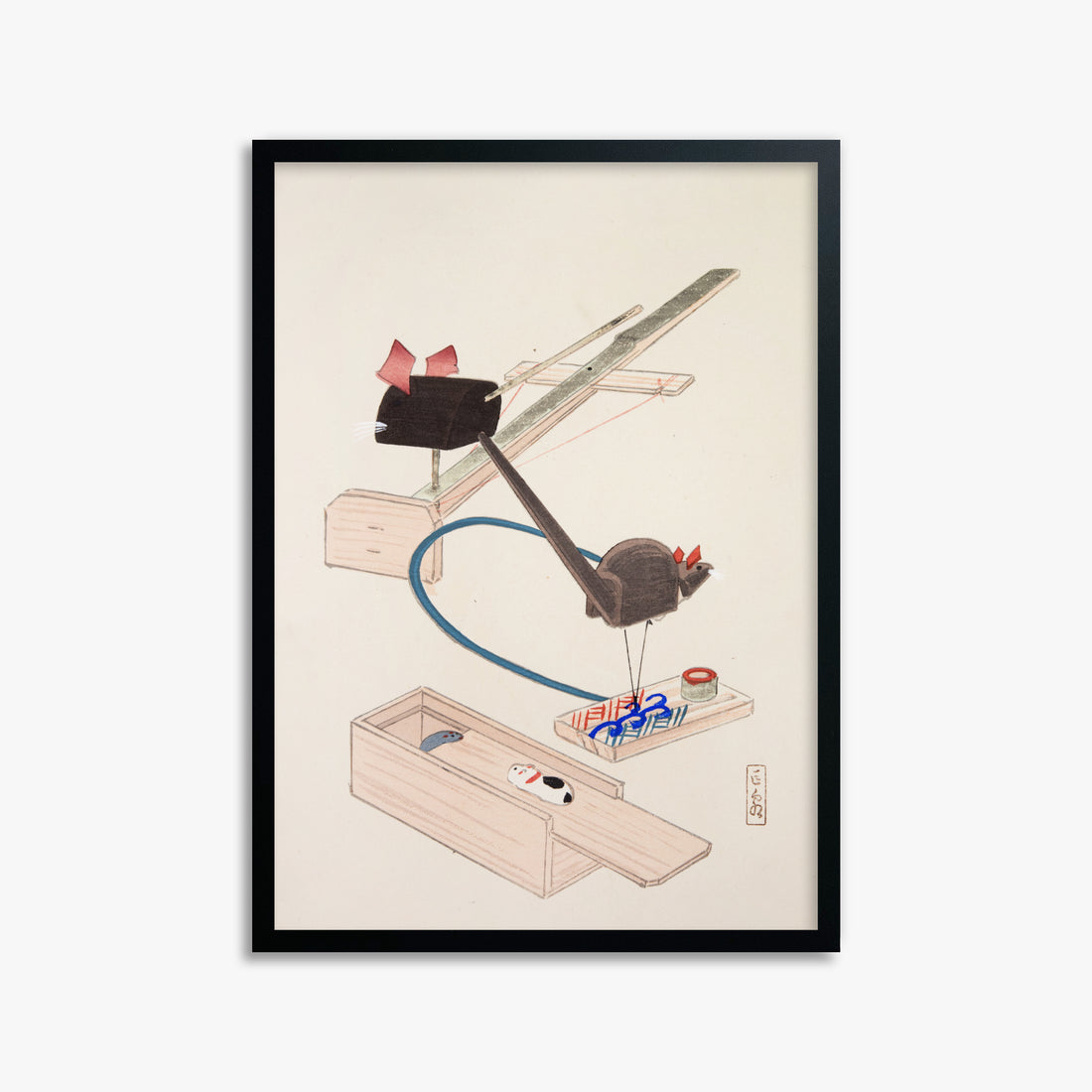 Kawasaki Kyosen: Kyosen’s Collected Illustrations of Japanese Toys Nr. 64 ("Japanese Mousetrap Game"), 50x70cm Framed Art Reproduction With Black Frame