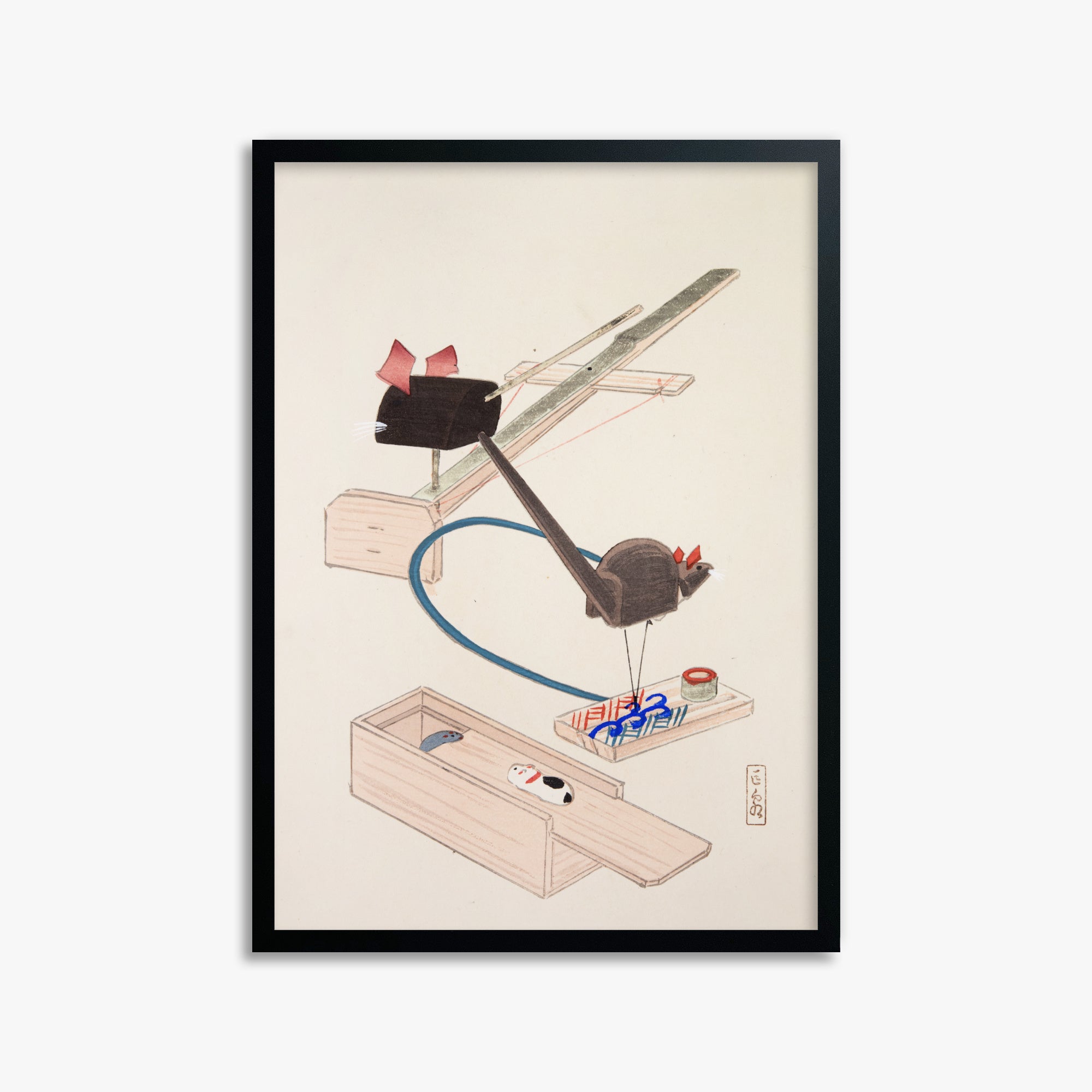 Kawasaki Kyosen: Kyosen’s Collected Illustrations of Japanese Toys Nr. 64 ("Japanese Mousetrap Game"), 50x70cm Framed Art Reproduction With Black Frame