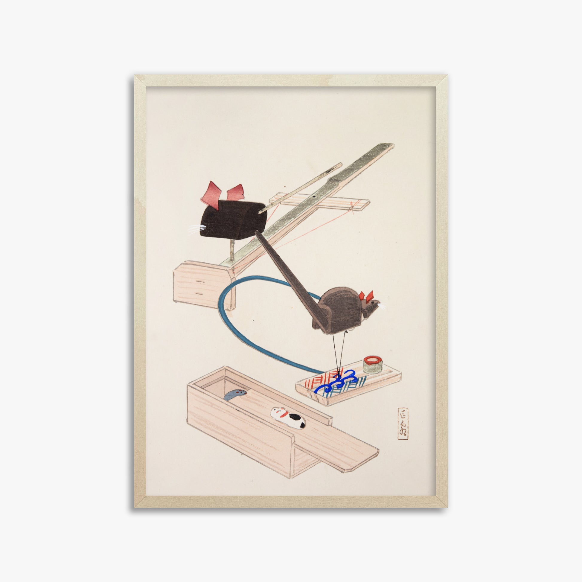 Kawasaki Kyosen: Kyosen’s Collected Illustrations of Japanese Toys Nr. 64 ("Japanese Mousetrap Game"), 50x70cm Framed Art Reproduction With Lime Wood Frame