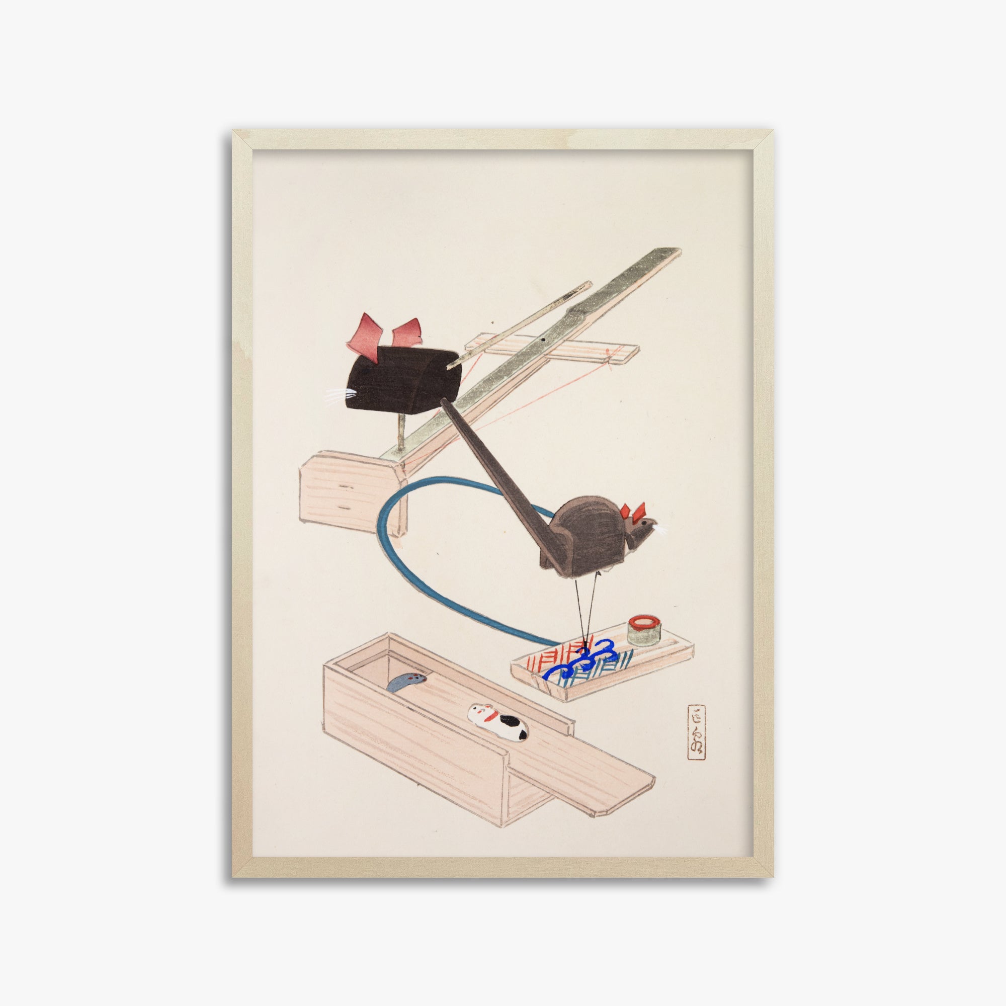 Kawasaki Kyosen: Kyosen’s Collected Illustrations of Japanese Toys Nr. 64 ("Japanese Mousetrap Game"), 50x70cm Framed Art Reproduction With Lime Wood Frame