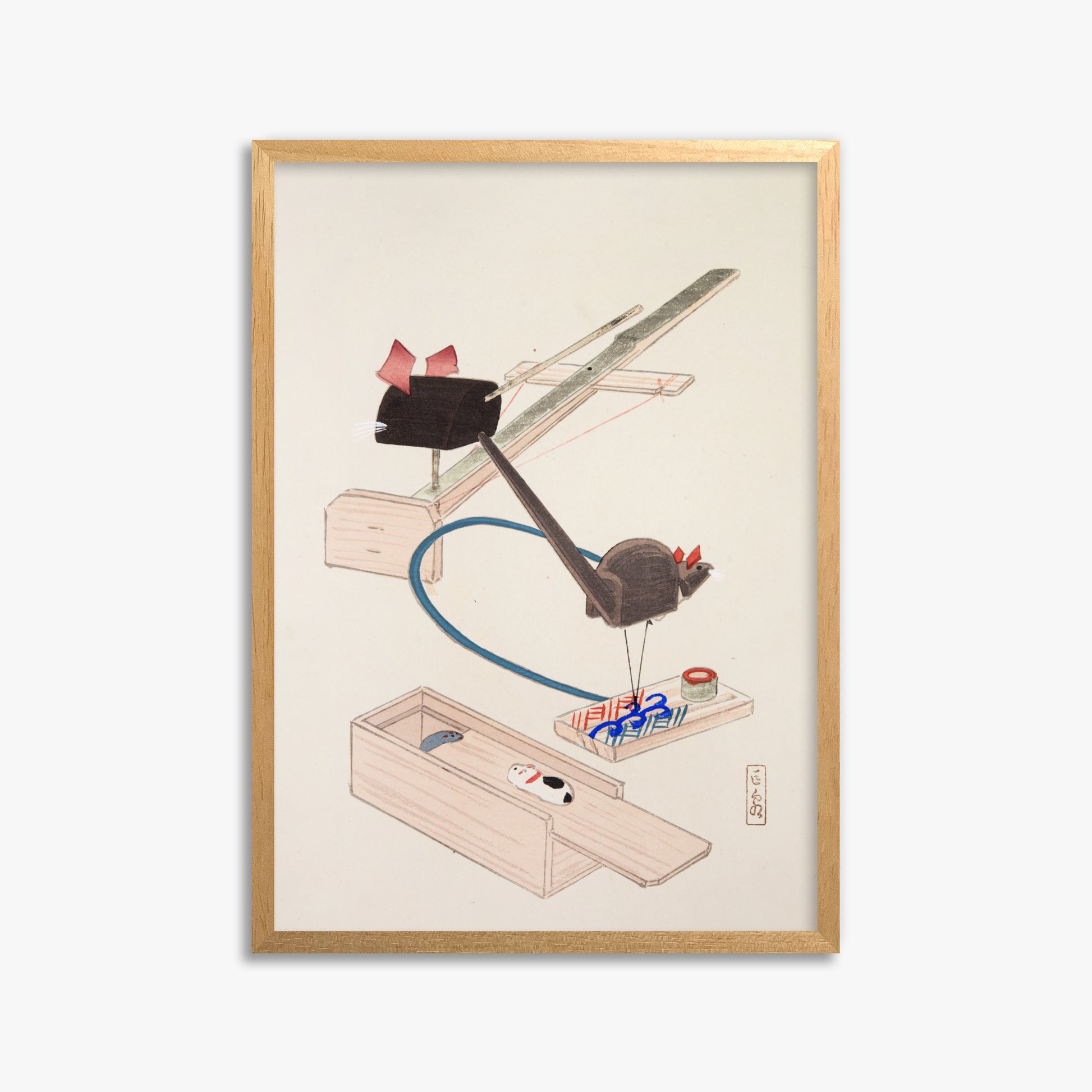 Kawasaki Kyosen: Kyosen’s Collected Illustrations of Japanese Toys Nr. 64 ("Japanese Mousetrap Game"), 50x70cm Framed Art Reproduction With Oak Frame