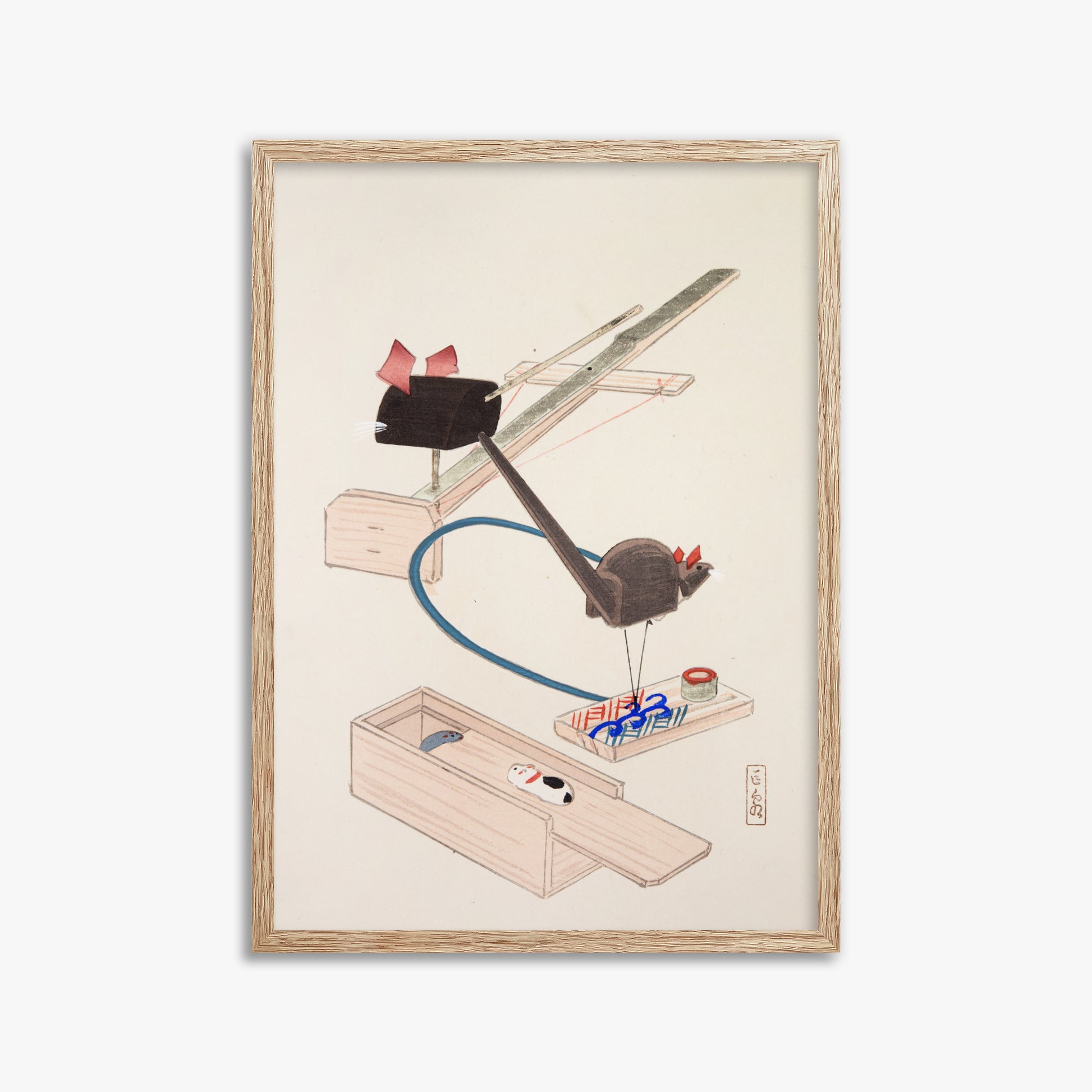 Kawasaki Kyosen: Kyosen’s Collected Illustrations of Japanese Toys Nr. 64 ("Japanese Mousetrap Game"), 50x70cm Framed Art Reproduction With Raw Oak Frame