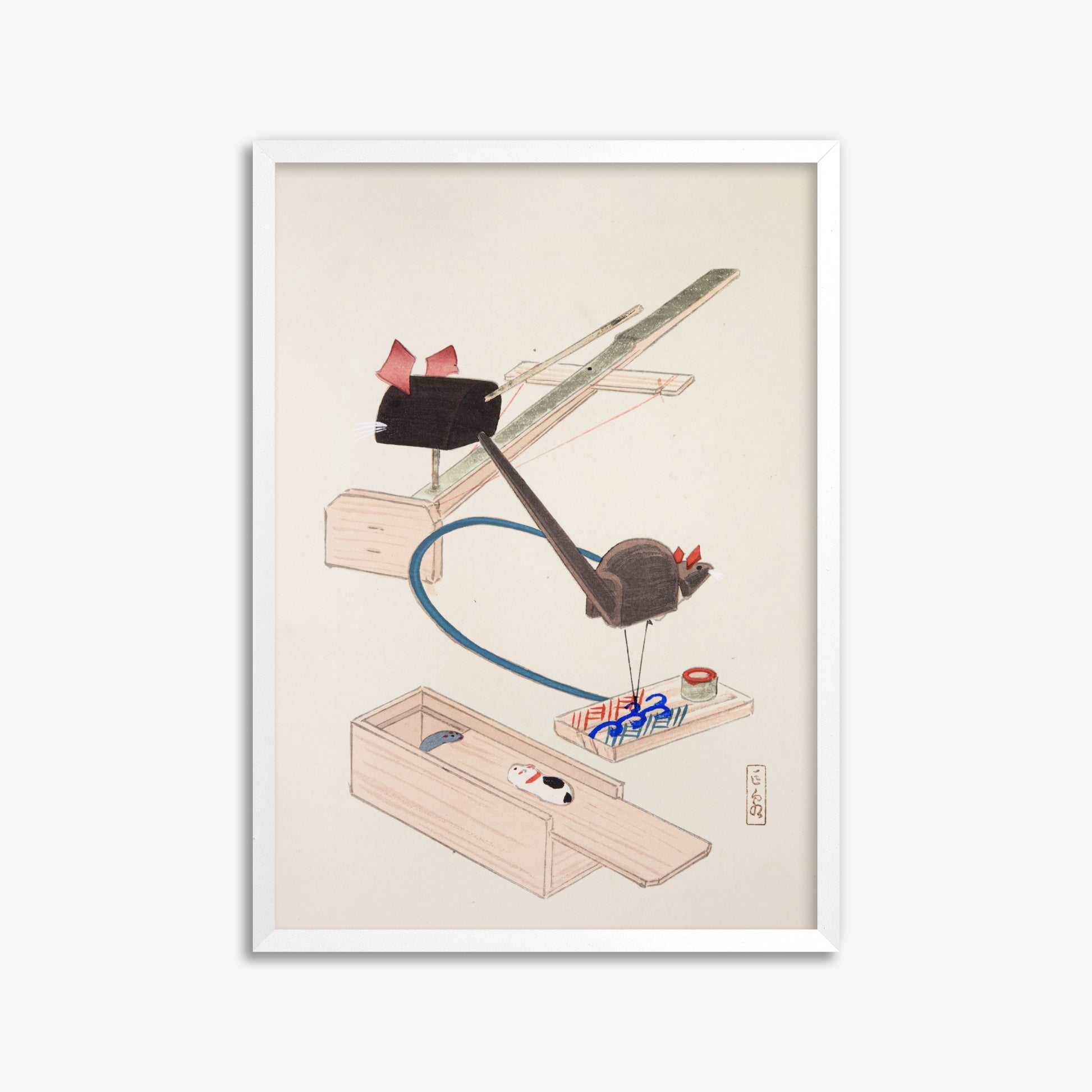 Kawasaki Kyosen: Kyosen’s Collected Illustrations of Japanese Toys Nr. 64 ("Japanese Mousetrap Game"), 50x70cm Framed Art Reproduction With White Frame